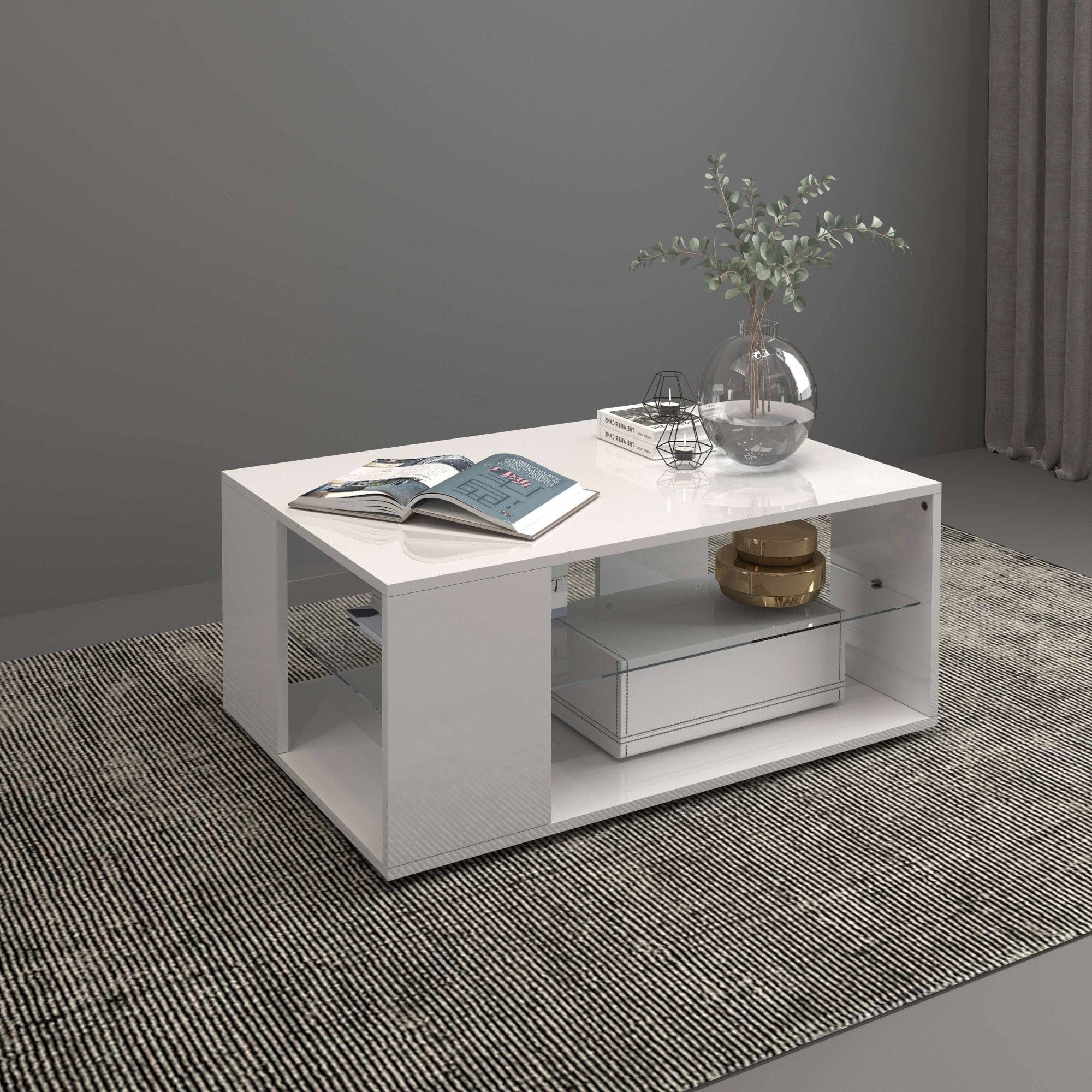 Image of GOODproduct Couchtisch "Egypt Couchtisch,Sofatisch" 1 Stk. tlg. Aus glänzend weiss lack. Holz, mit Glasablage,rechteckig,Breite 90 cm