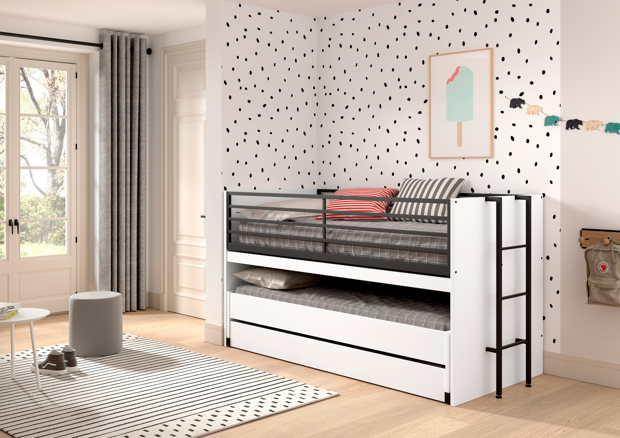 Vipack Etagenbett »praktisches Etagenbett mit viel Funktion, 2 Dekore zur Wahl« B/H/T ca. 219x114x98cm, Metall Leiter und Absturzschutz in schwarz,  für kleine Räume, 2 Liegefl., Bettschublade, inkl. Schreibtisch