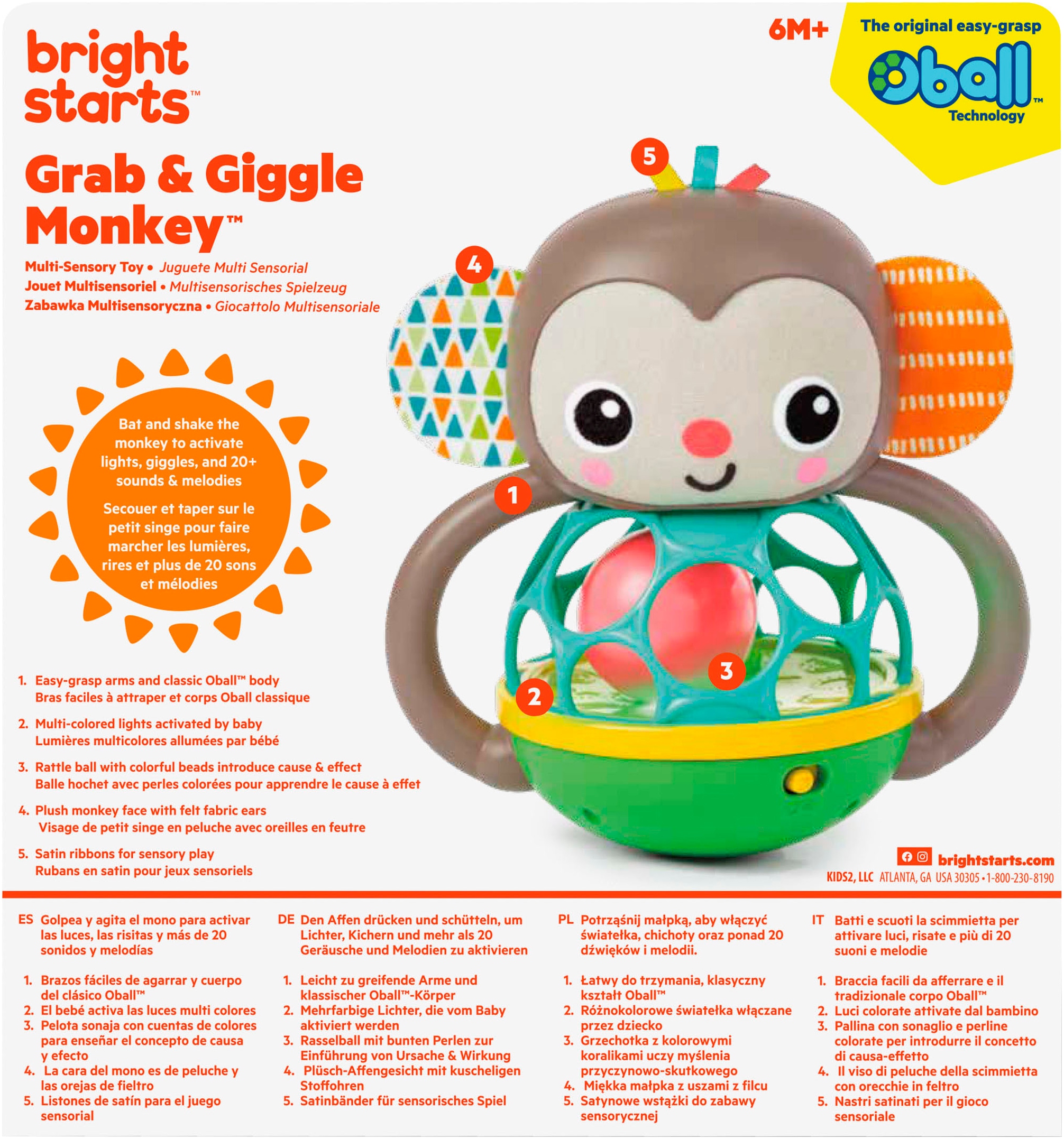 Bright Starts Jouet de préhension »Grab & Giggle Monkey™ Multi-Sensory Toy« mit Sound