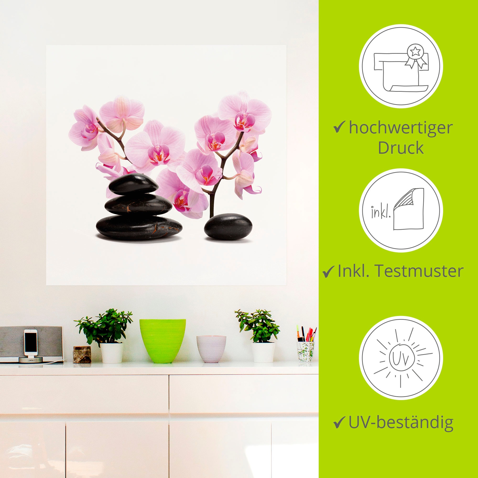 Artland Wandbild »Schwarze Steine und pink Orchidee«, Zen, (1 St.), als Leinwandbild, Poster, Wandaufkleber in verschied. Grössen