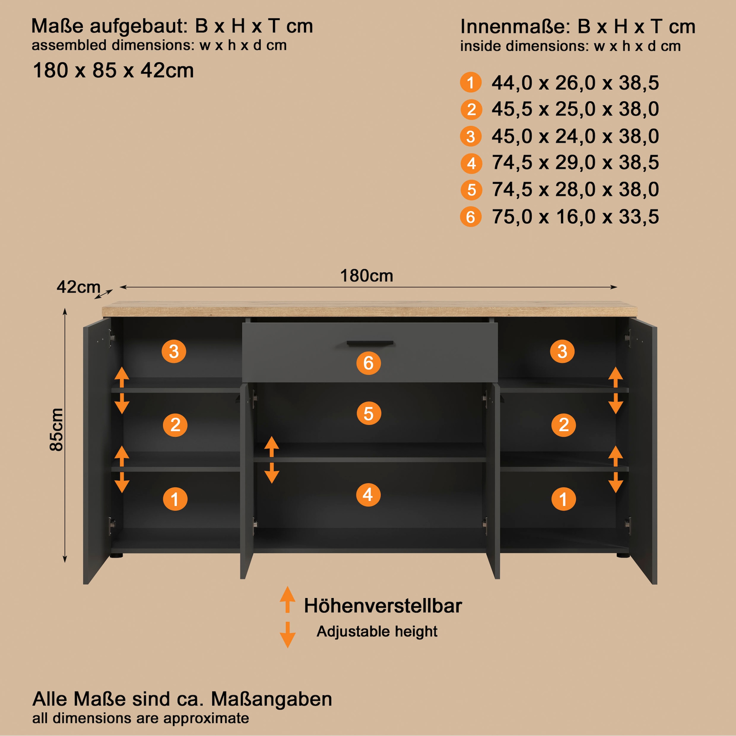 Home affaire Sideboard »Bajo« 1 Stk. tlg. Kommode mit 4 Türen und 1 Schubkasten – (B/T/H) 180/42/85 cm