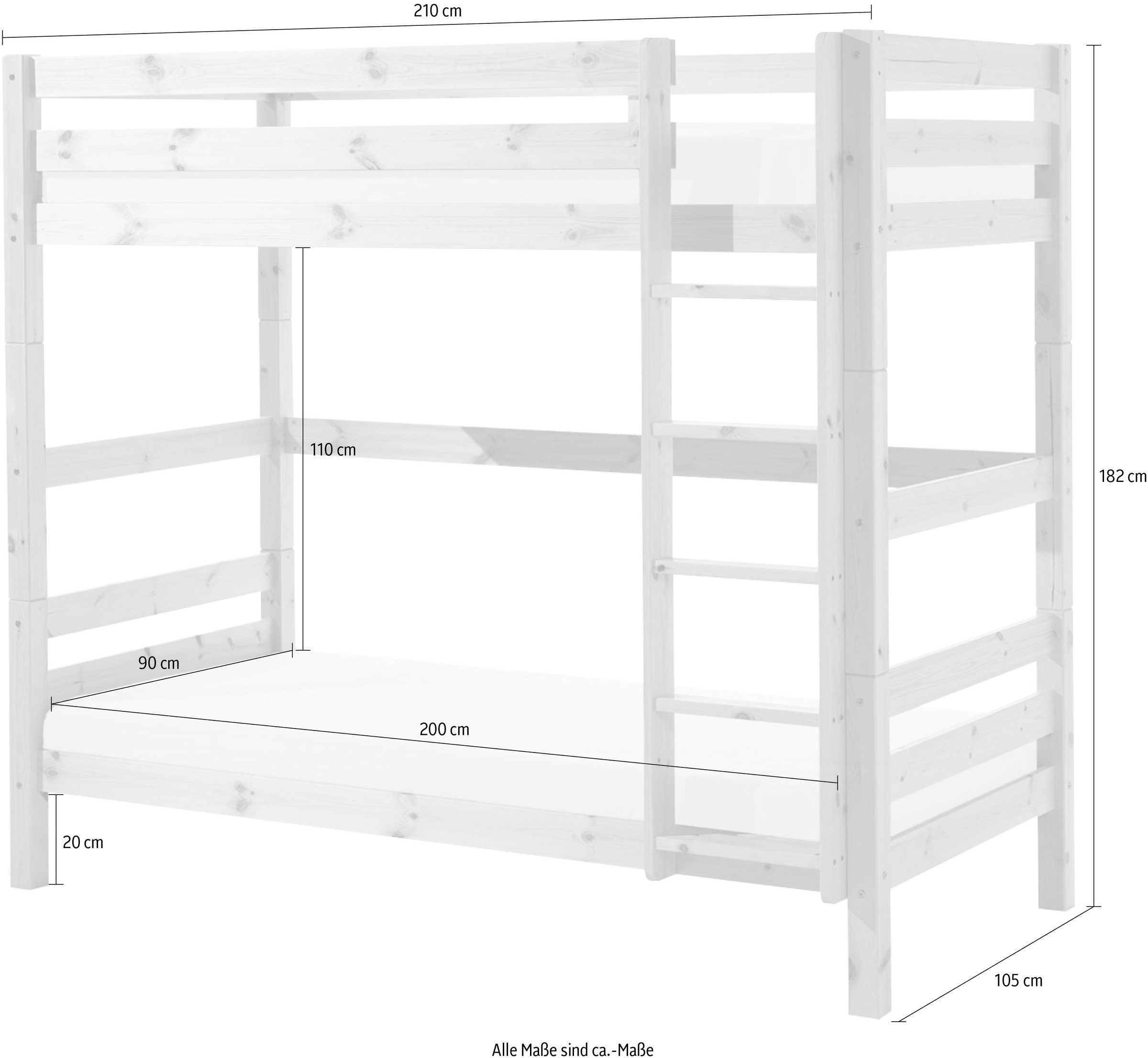 Vipack Etagenbett »Pino, inkl. Rolllattenrost, Leiter und Absturzschutz« B/H/T ca. 210x182x105cm, massiv Kiefer verschiedene Farben,  wahlweise ohne Schublade, mit 1 grossen, 2 kleinen Bettschubladen