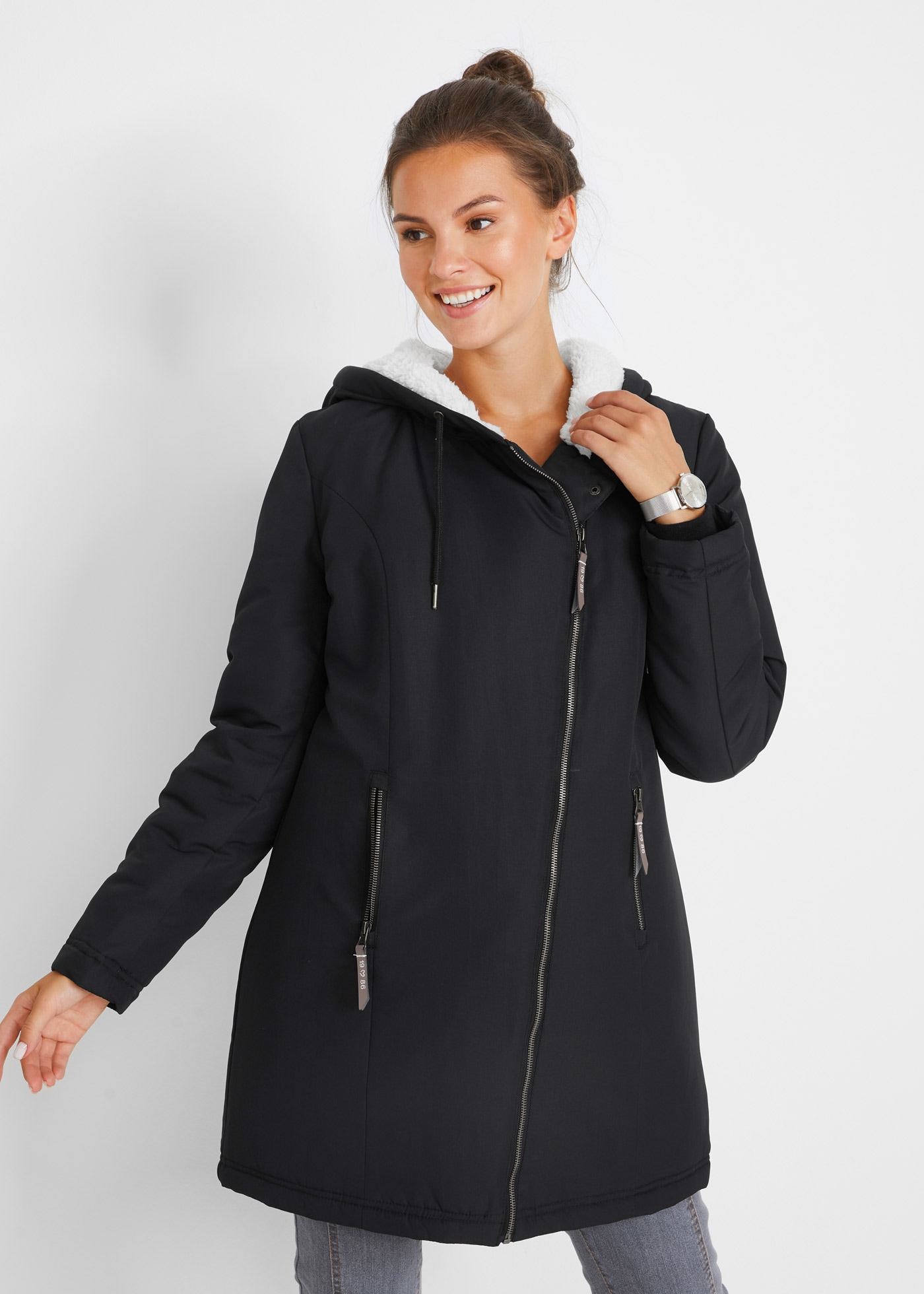 Image of bonprix Allwetterjacke mit Kapuze mit gefütterter Kapuze und Teddyfell, Slim fit