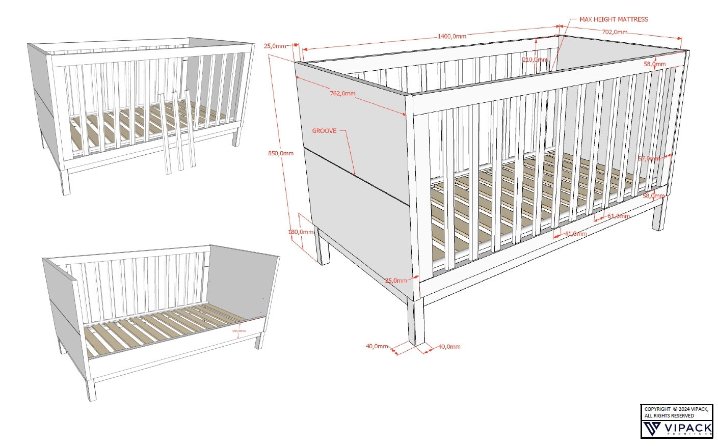 Vipack Lit bébé »in gradlinigem Design, standfest gebaut, pflegeleichte Oberfläche« 70x140 cm avec 3 barreaux d'accès, convertible en lit junior, laqué blanc