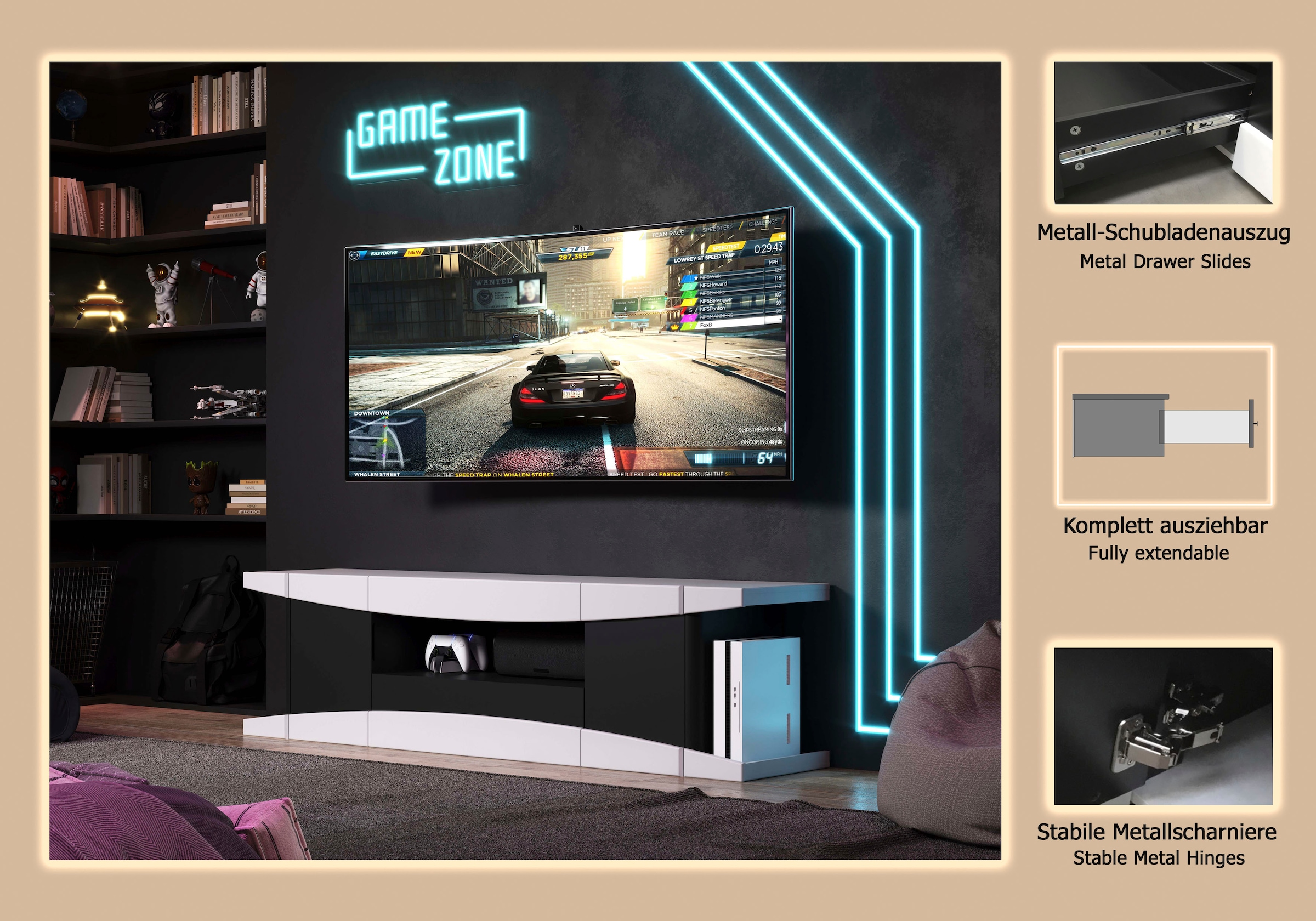 INOSIGN Lowboard »NextLevel speziell geeignet für Spielekonsolen« Gaming-Lowboard wahlweise mit Beleuchtung - (B/T/H) 180/42/52 cm