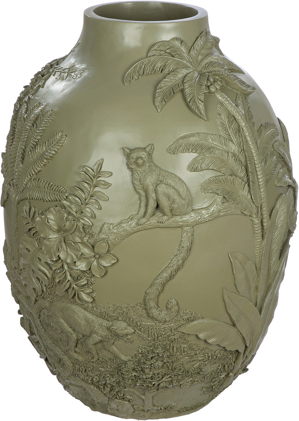 GILDE Bodenvase »Bodenvase bauchig Jungle grün H. 55,5 cm« Bodenvase, Tiermotiv, Pflanzenmotiv, exotisch, Dschungelstil