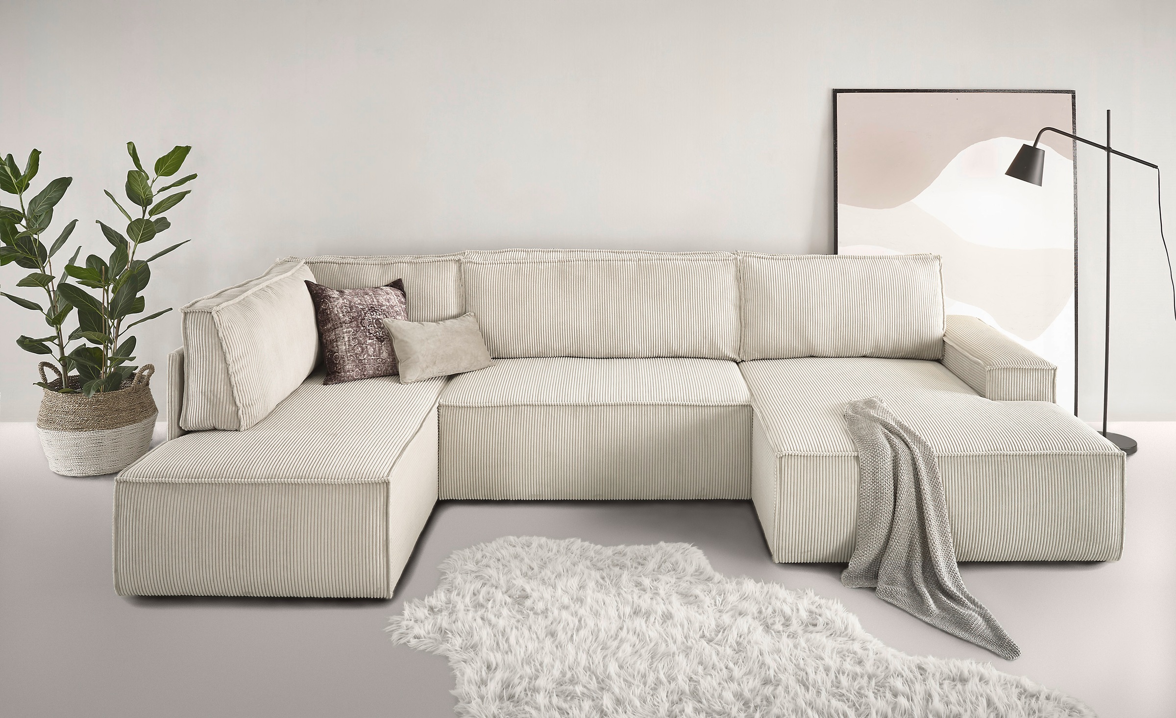 Home affaire Wohnlandschaft »SHERWOOD 329 cm, U-Form, Schlafsofa,«, Schlaffunktion m. Bettkasten (194x139 cm), Cord, Vintage, Samtvelours