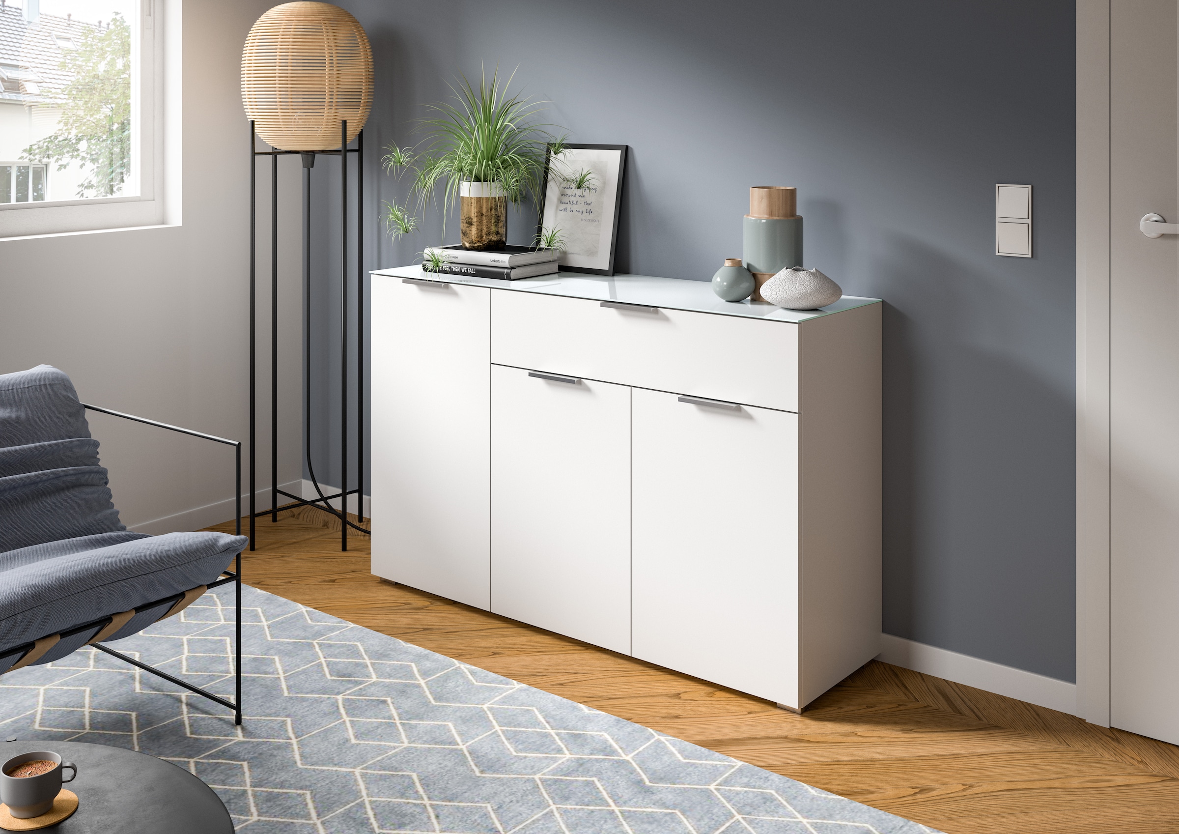 INOSIGN Sideboard »Raio, Breite 135 cm, 3 Türen, 1 Schubkasten, Oberboden mit Glasplatte«, Anrichte, Kommode, Schrank