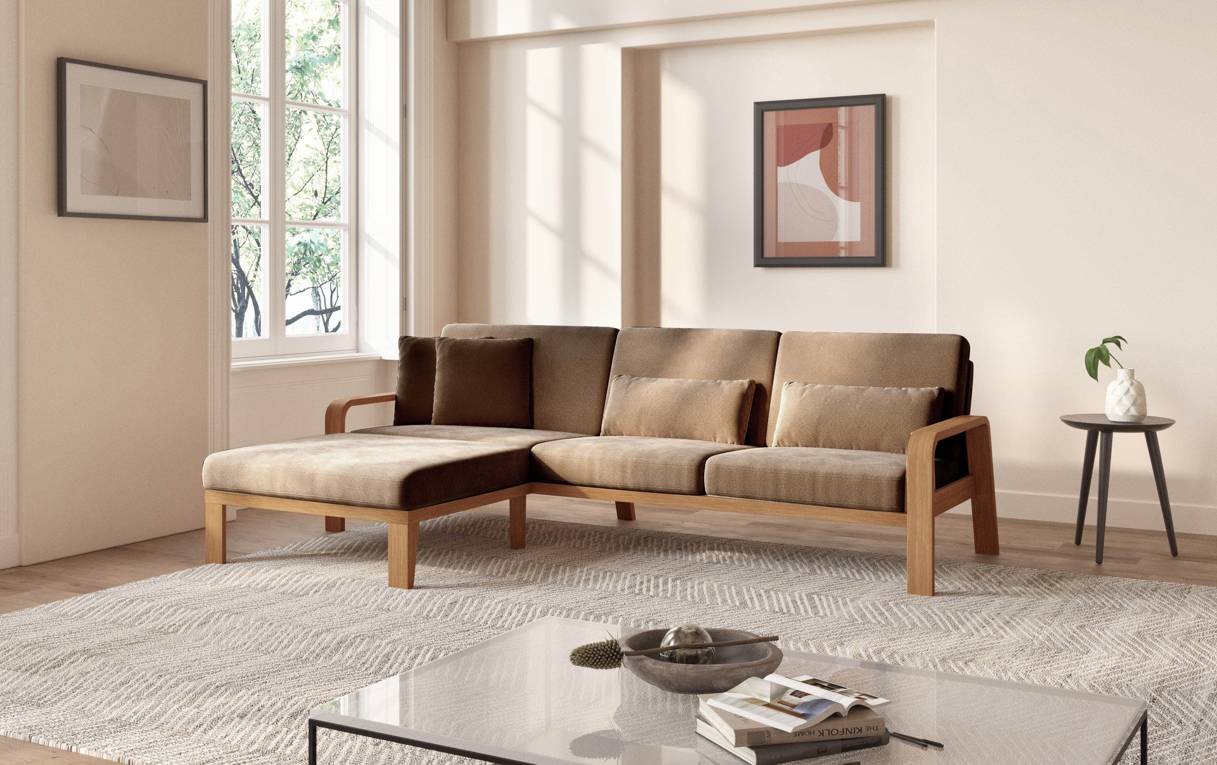 sit&more Ecksofa »Kolding L-Form«, Armlehnen aus eichefarbigem Buchenholz, verschiedene Bezüge und Farben