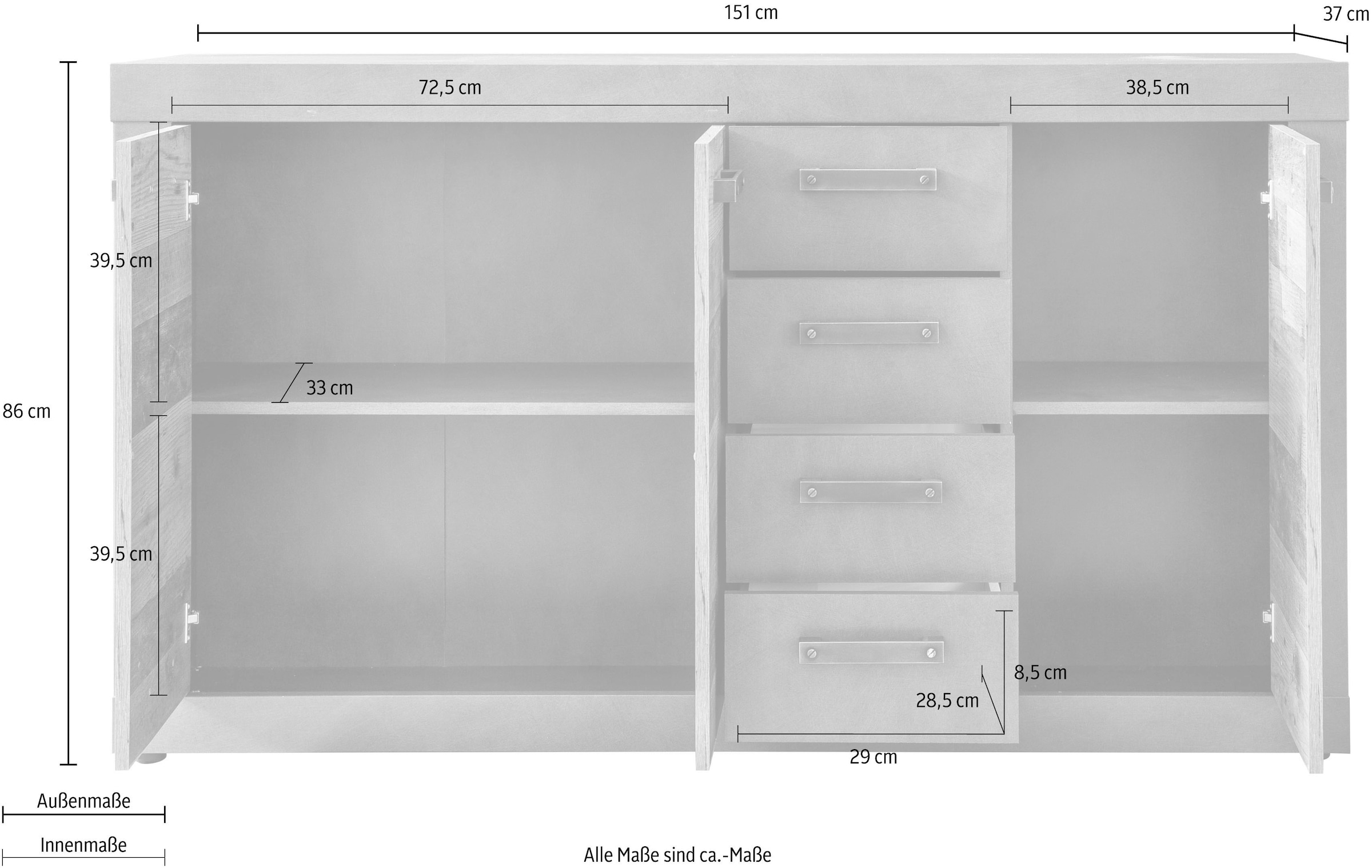 Home affaire Commode »Ilana« Kommode mit 3 Türen & 4 Schubladen - (B/T/H) 151/37/86 cm