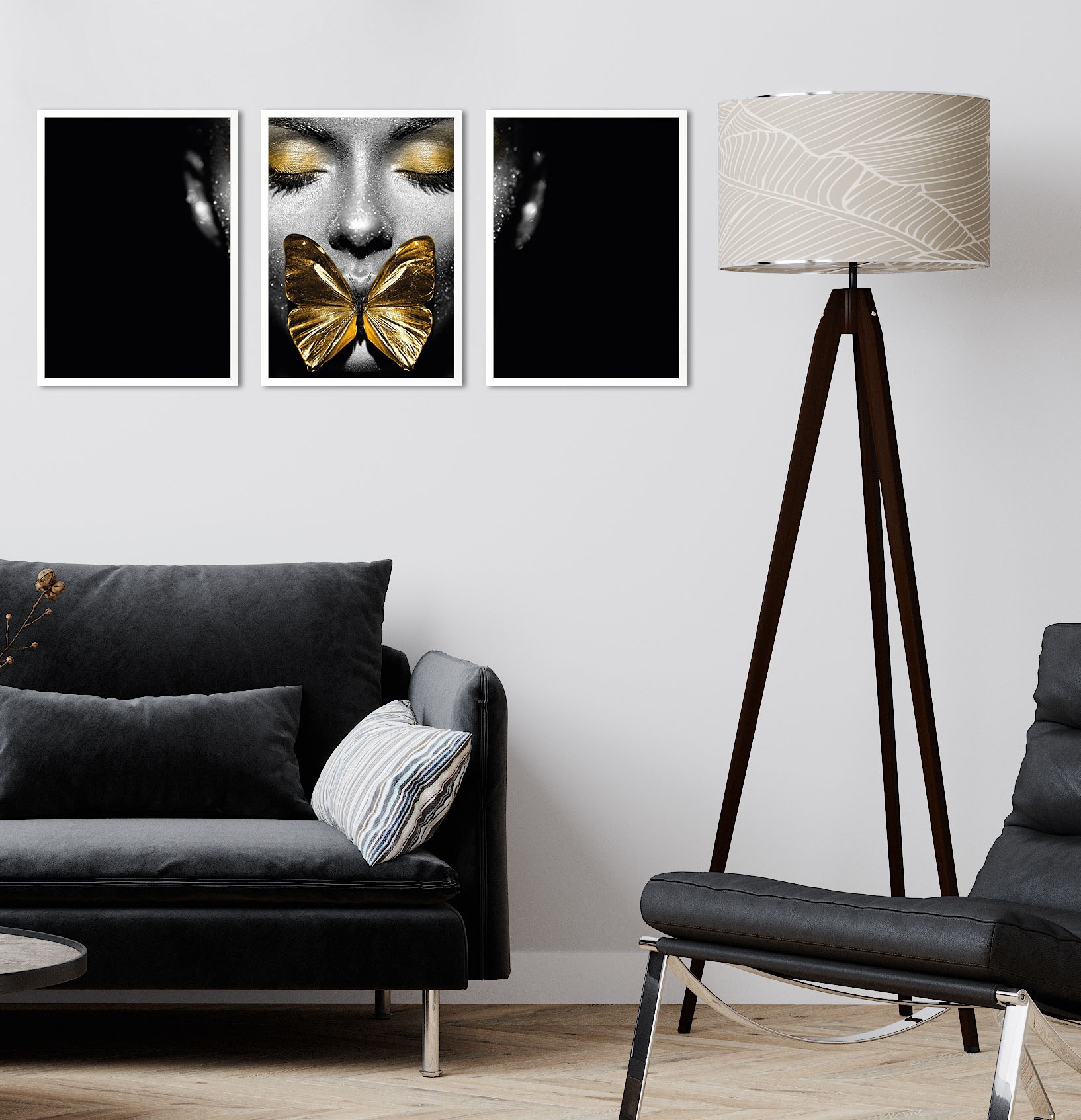 Image of GOODproduct Bild mit Rahmen "Gesicht Schmetterling Gold - Gerahmter Digitaldruck - Wandbild" Frau Gesicht Schmetterlinge Schwarz-Weiss Set, 3er-Set, 3x 30x40 cm - Holzrahmen - Dekoration - Weisser Rahmen - Triptychon