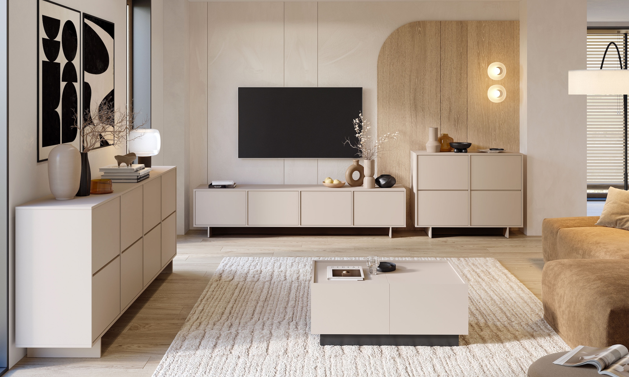 GOODproduct Table basse »Tatami, Modernes griffloses TV-Board, Breit 220,50cm, TV-Schrank« meuble TV, meuble TV avec beaucoup de rangement, fonction push-to-open