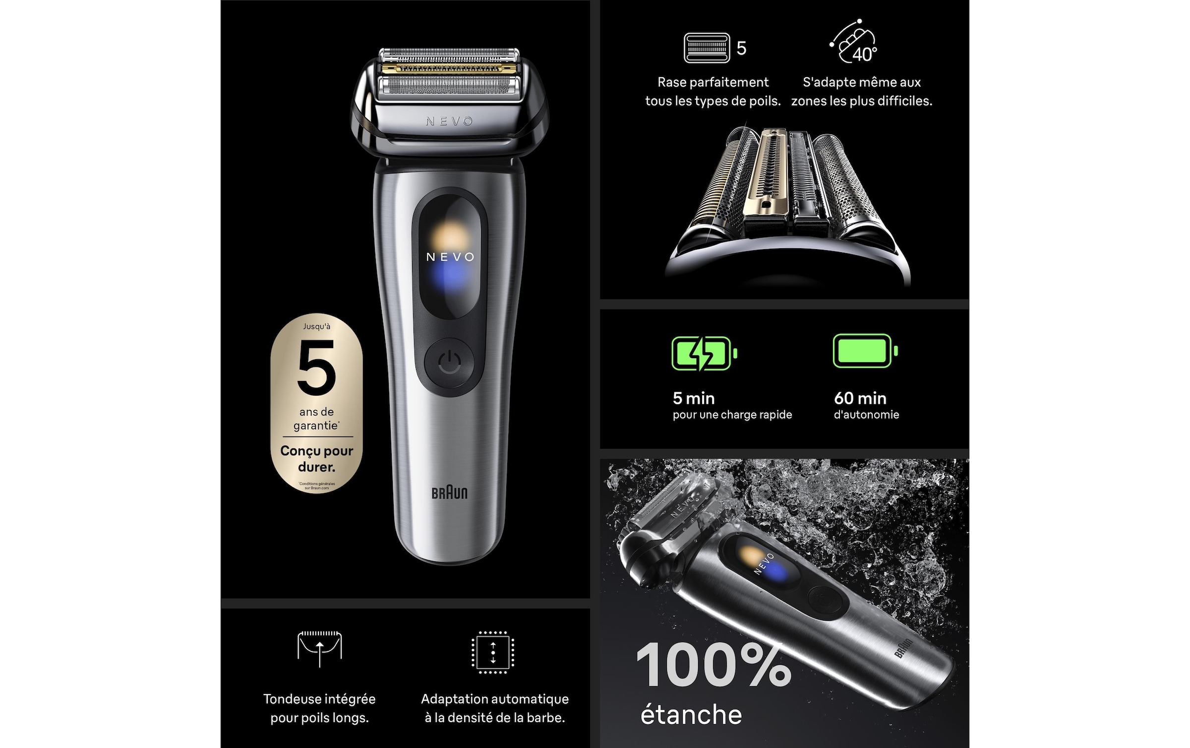 Braun Rasoirs électriques »NEVO 15000cc« station de nettoyage SmartClean Plus Tondeuse de précision intégrée AeroTouch, écran intelligent, système de soin 7-en-1, étui de voyage, argent