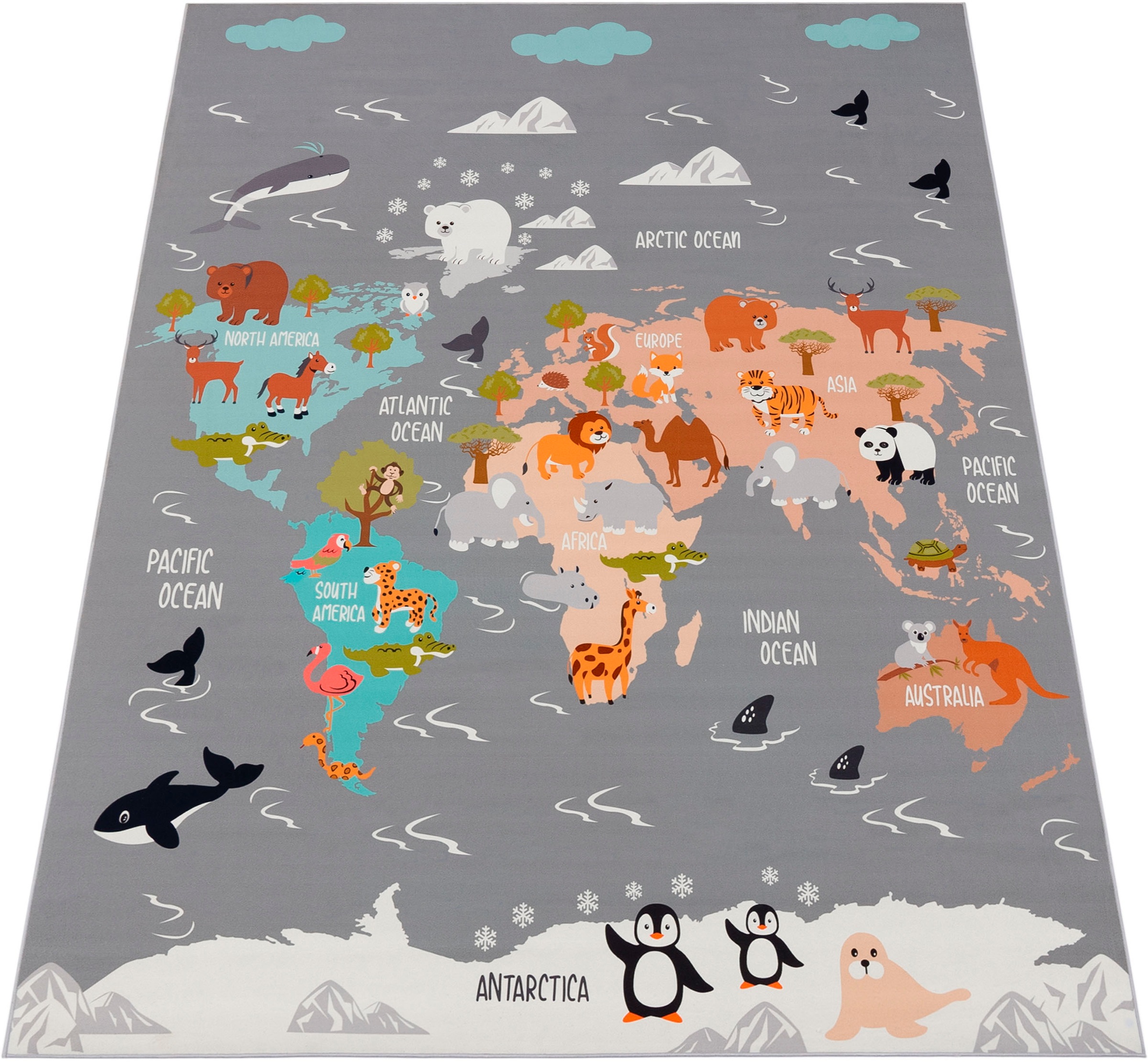 Paco Home Kinderteppich "Bino 581" rechteckig 4 mm Höhe Spielteppich, Motiv Weltkarte & Tiere, Kinderzimmer