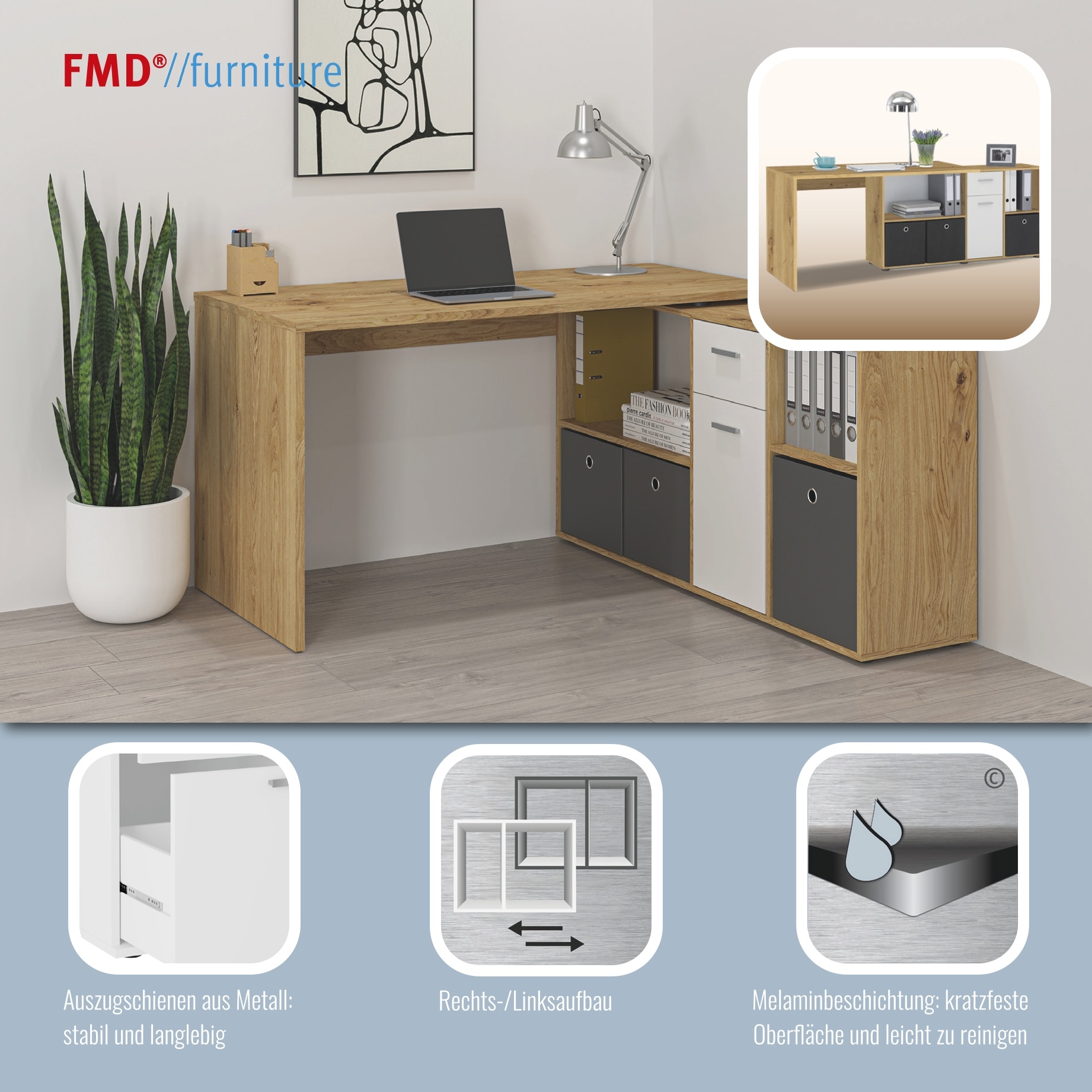 FMD Eckschreibtisch »Lexo« Schreibtisch/Sideboard viel Stauraum, beidseitig montierb., 136/205 cm