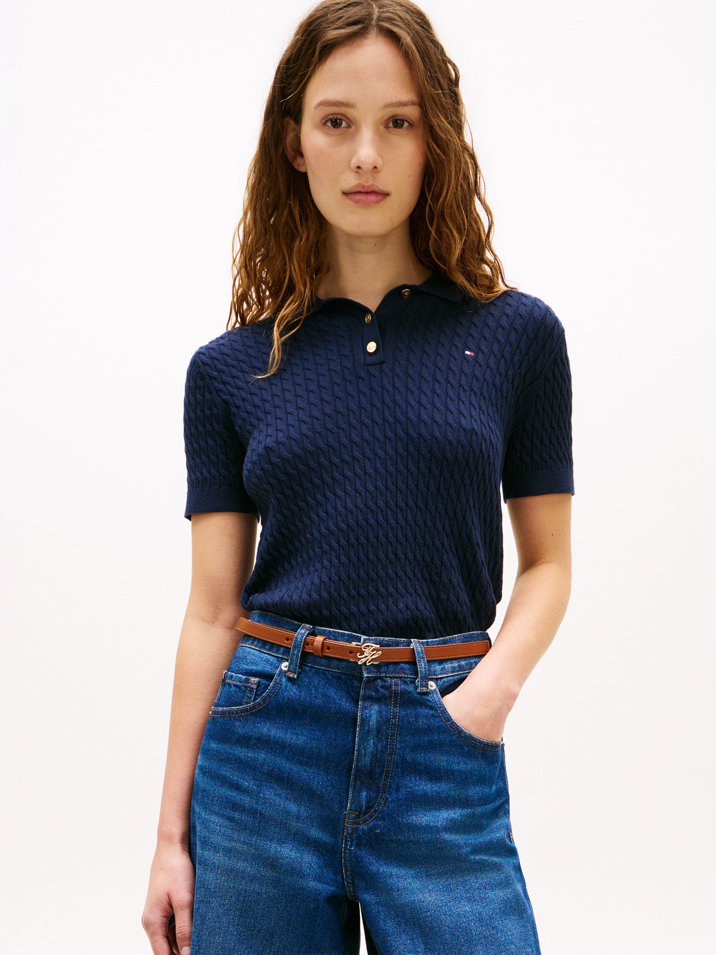 Image of Tommy Hilfiger Poloshirt "CO CABLE POLO-NK SS SWEATER" mit Zopfmuster, Regular Fit