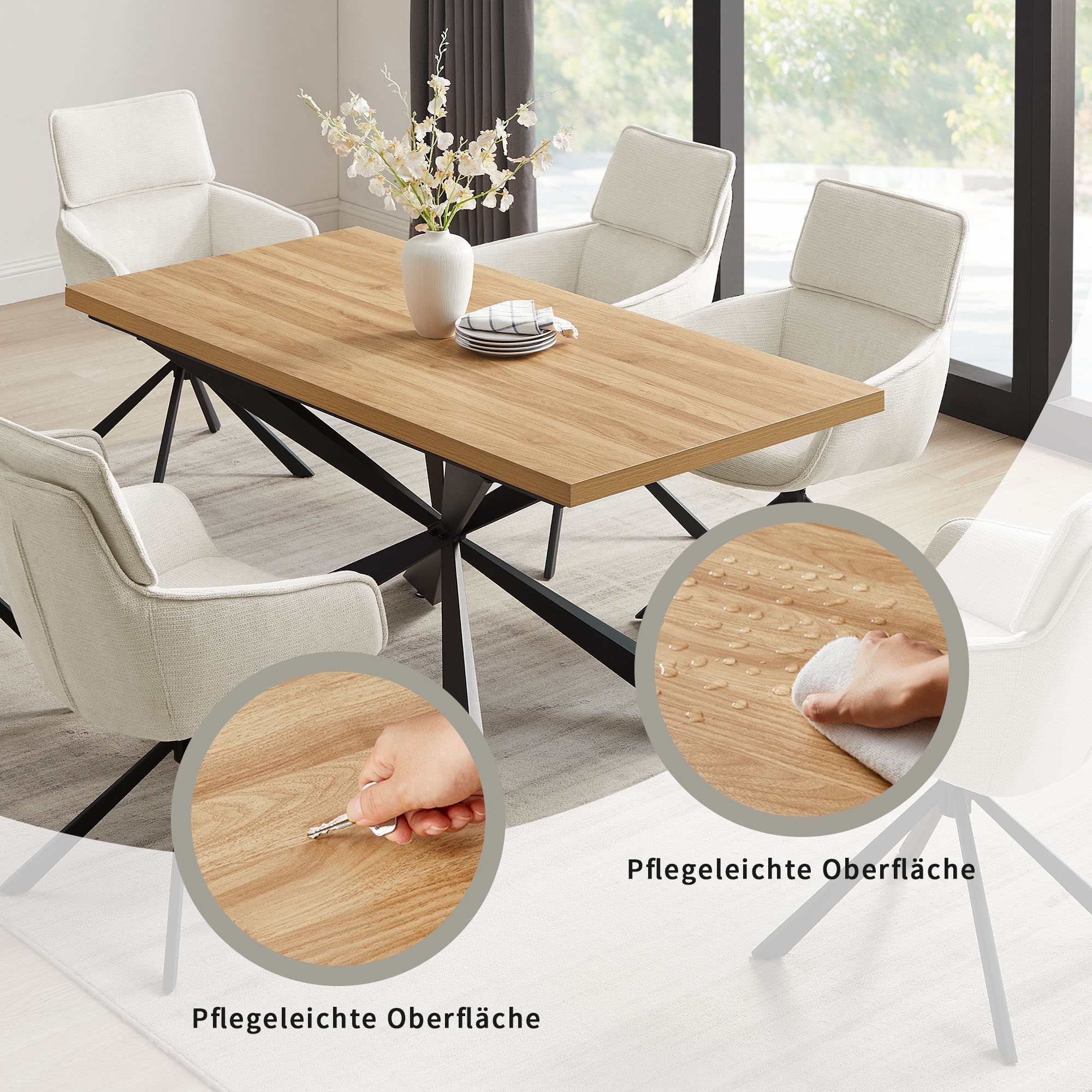 GOODproduct Ensemble de salle à manger »Cusey, besteht aus einem Esstisch und vier Stühlen« Set, Stühle drehbar, Esstisch 160 cm, 4 cm starke Tischplatte, 5 cuis tlg. kratzfester Tisch in Holzoptik, drehbare Stühlen, atmungsaktivem Stoff