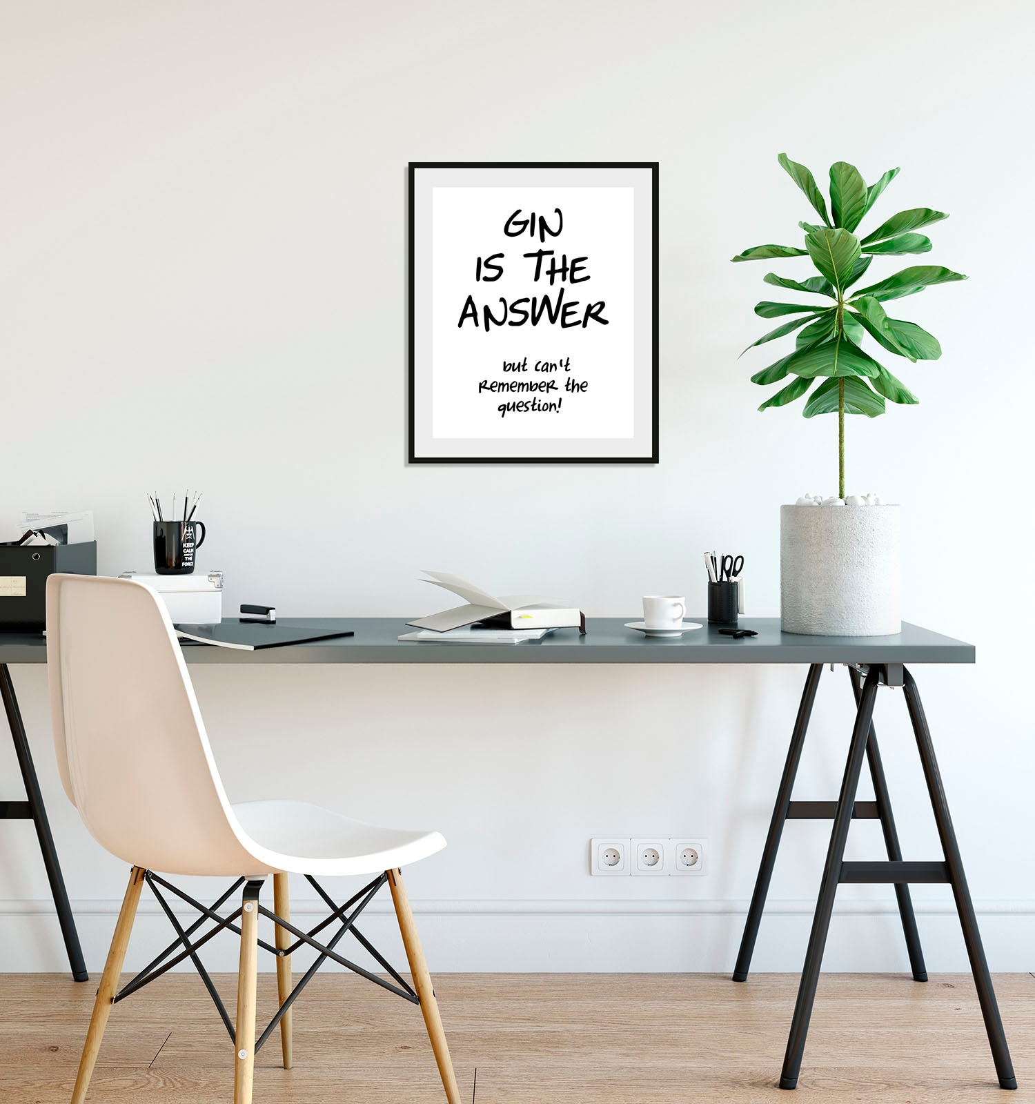 Image of queence Bild "GIN IS THE ANSWER" Humor Schriftzug Schwarz-Weiss Sprüche & Texte 1 Stk. tlg. HD Premium Poster-Druck inkl. Holzrahmen