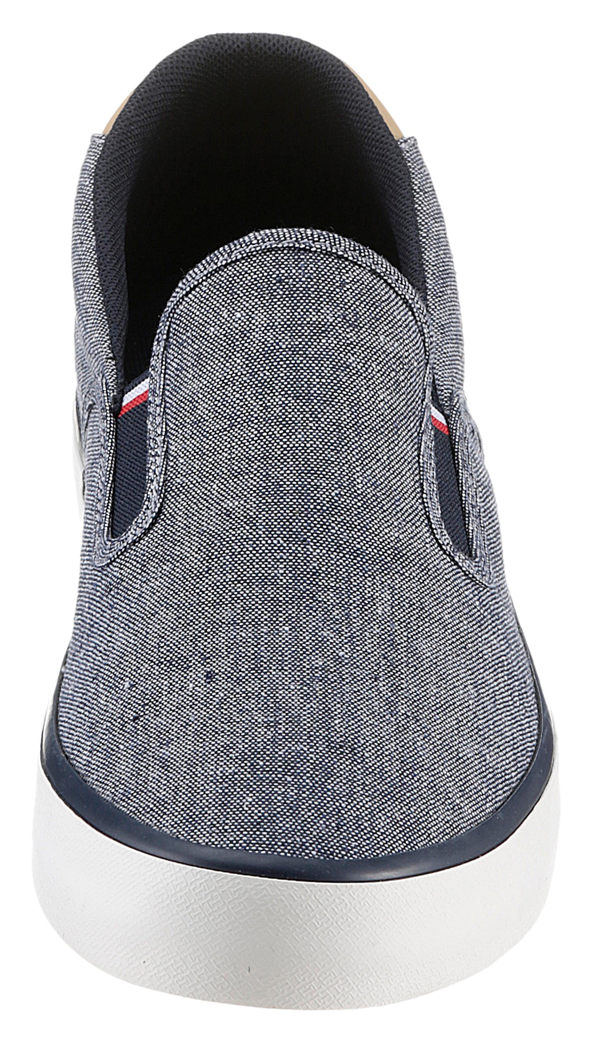 Tommy Hilfiger Slipper »TH HI VULC LOW SLIPON CHAMBRAY«, Slip-On Sneaker, Freizeitschuh mit praktischen Stretcheinsätzen