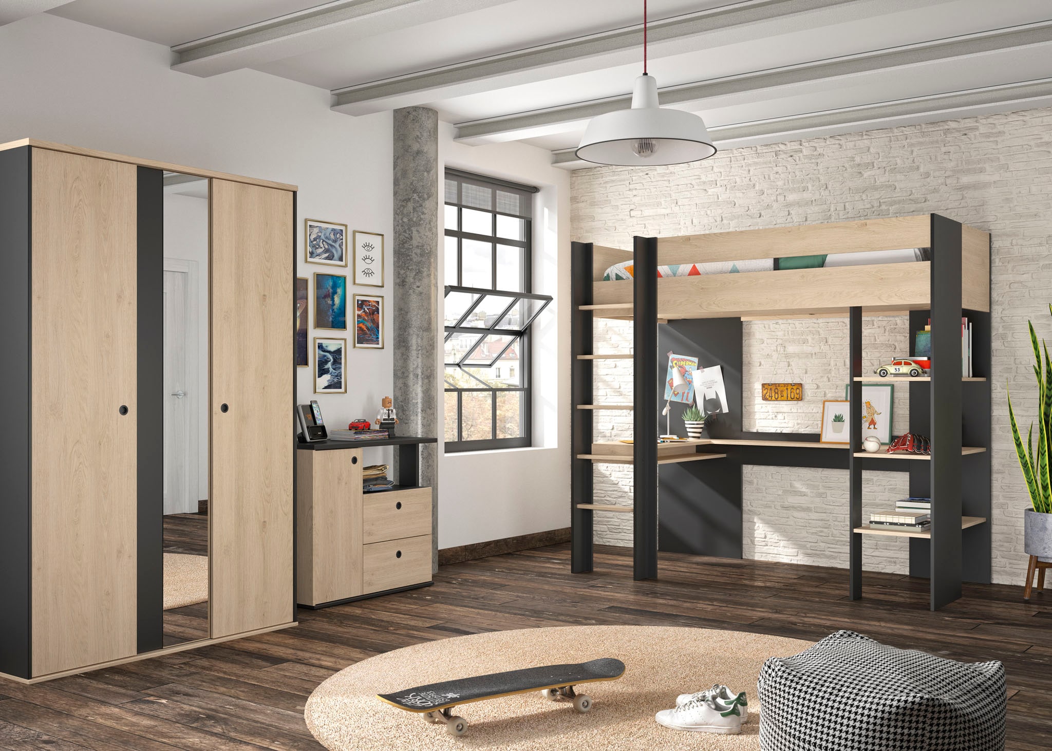 Jugendzimmer-Set »Duplex«, (3 tlg., Kleiderschrank, Kommode, Hochbett)