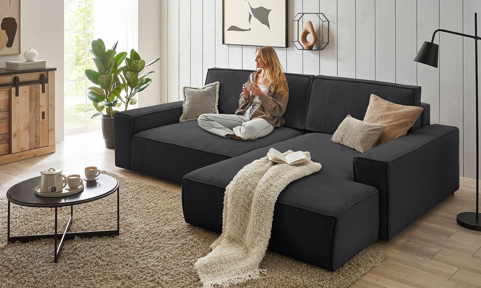 Home affaire Canapé d'angle »NEU: SHERWOOD XXL 284, Big-Sofa L-Form, tiefe Sitzfläche 95 cm, Cord« Recamiere rechts/links, als Schlafsofa stellbar, Cord u. Leinenoptik