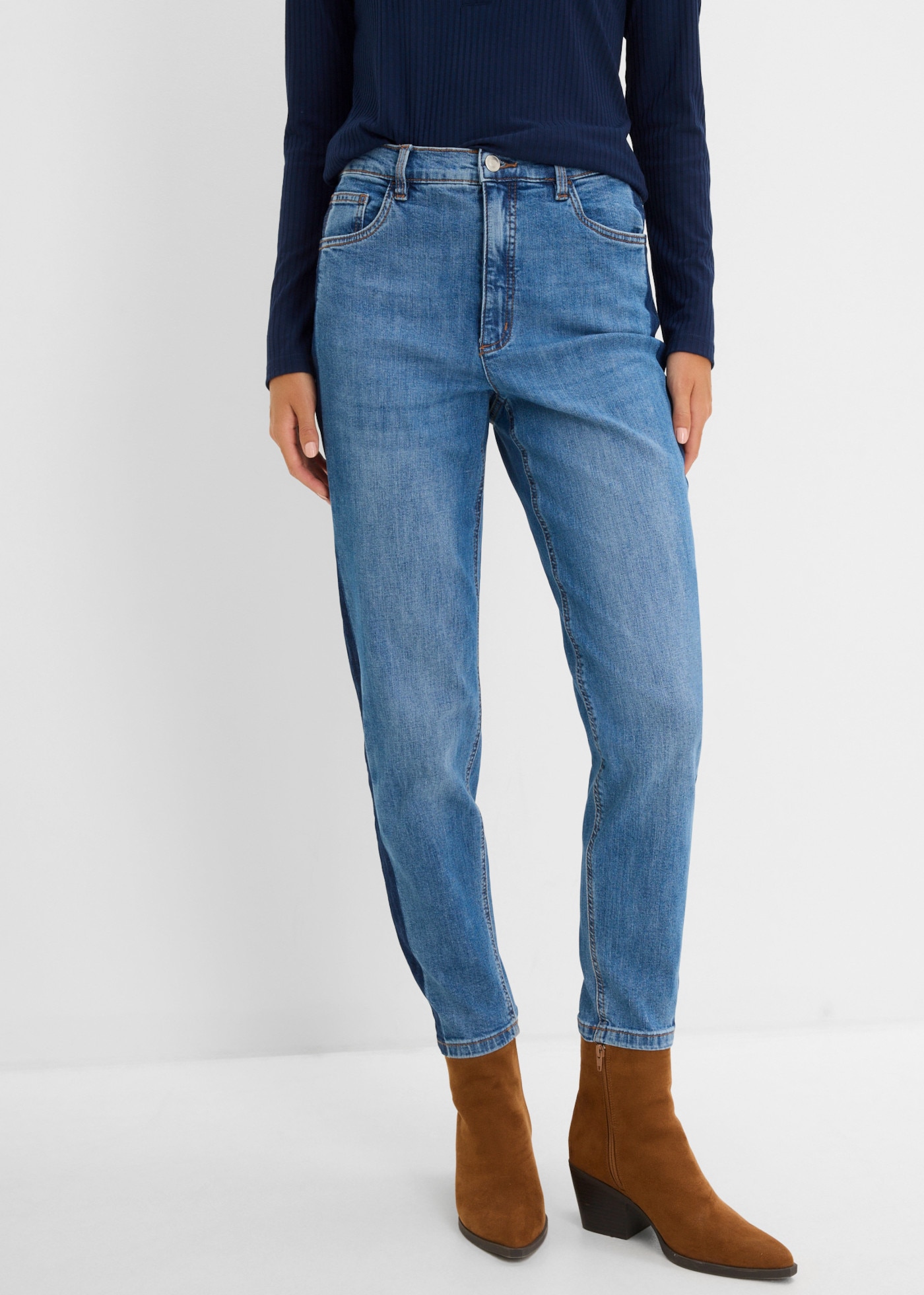 Image of bonprix Mom-Jeans High Waist-Bund, Cropped-Länge, Loose Fit, aus Baumwolle und Elasthan
