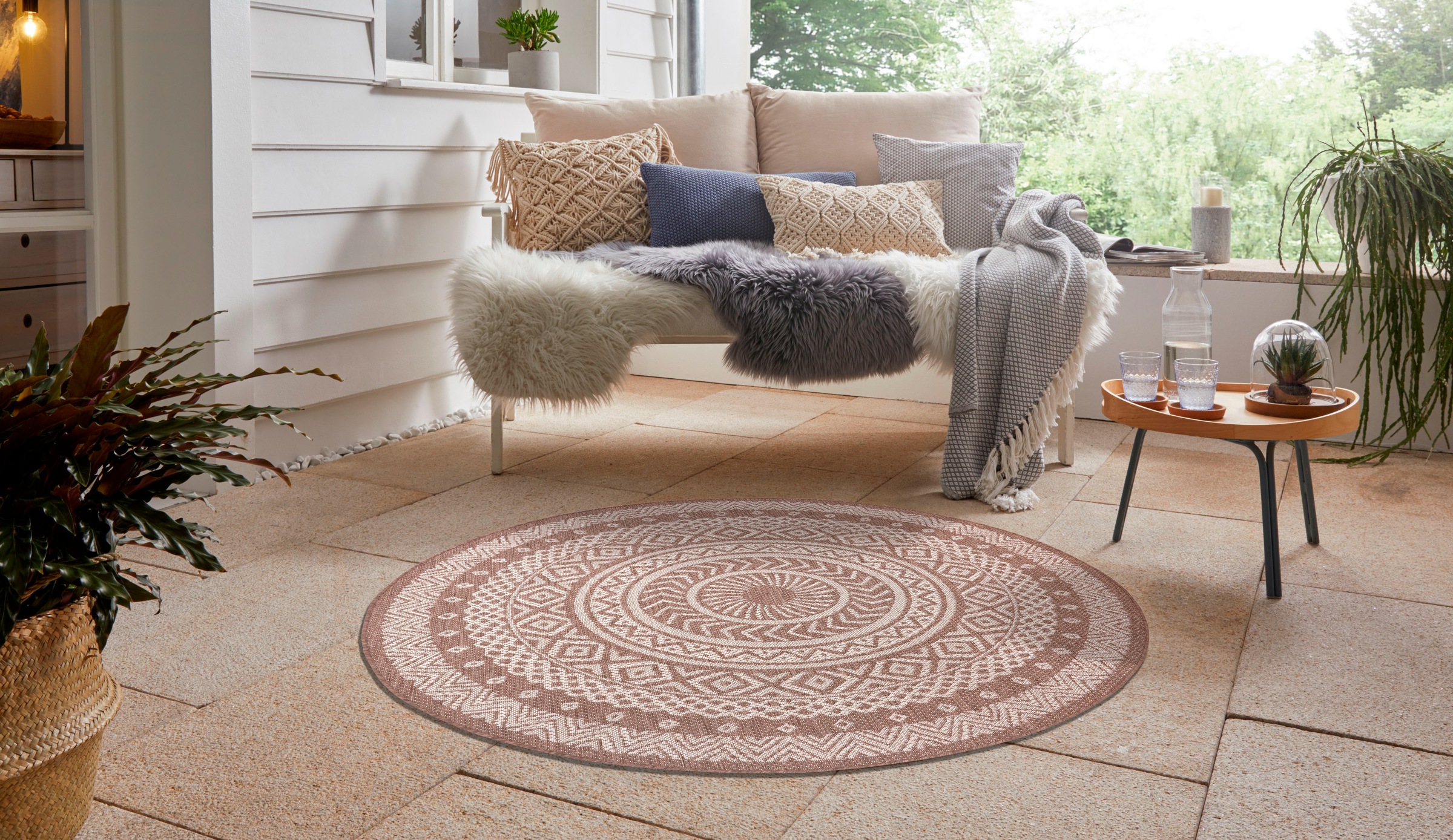 Leonique Teppich »Sia«, rund, 3 mm Höhe, Mandala Teppich, Boho, wetterfest & UV-beständig, besonders flach