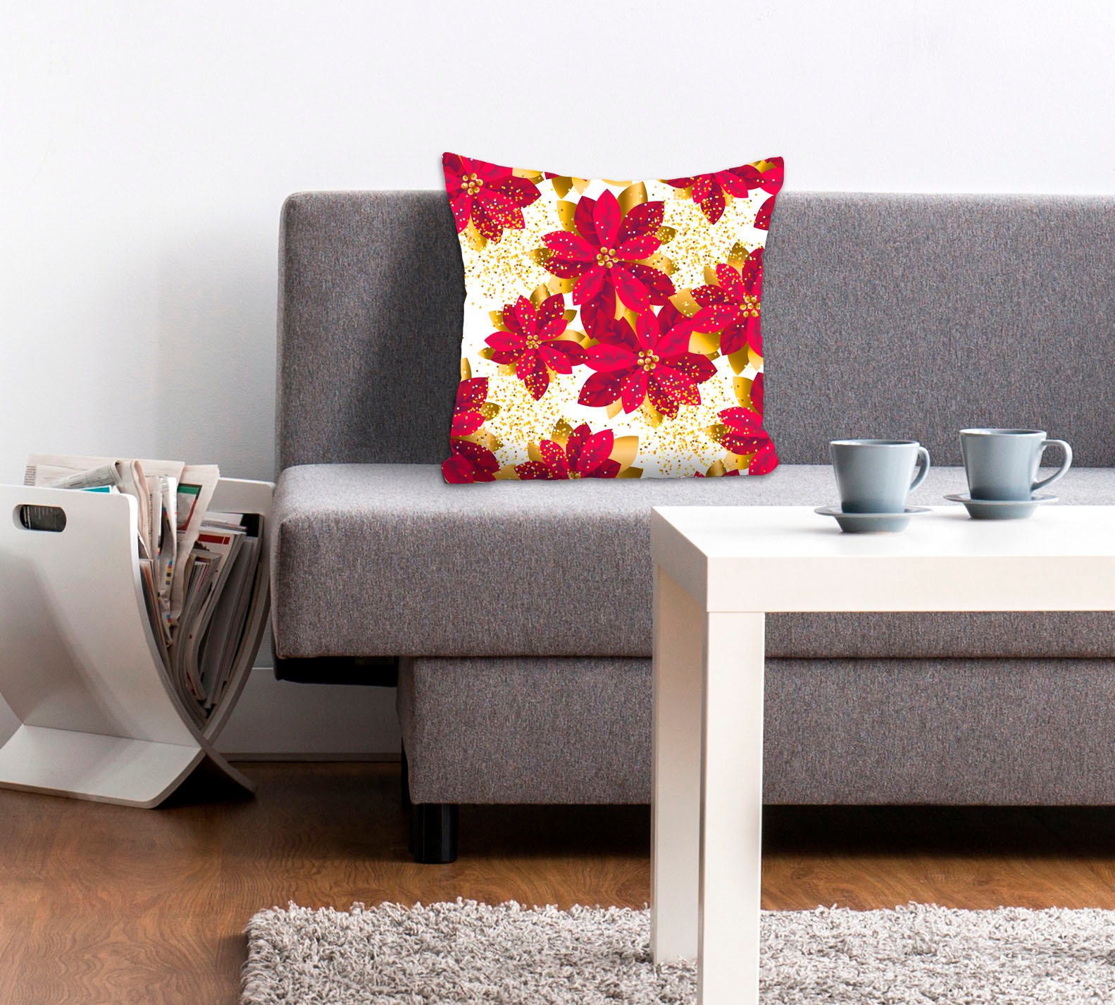 Image of queence Dekokissen "Rosie" Kissenhülle,Rote Blüten,Goldene Blüten,Blumenmuster,Eleganz