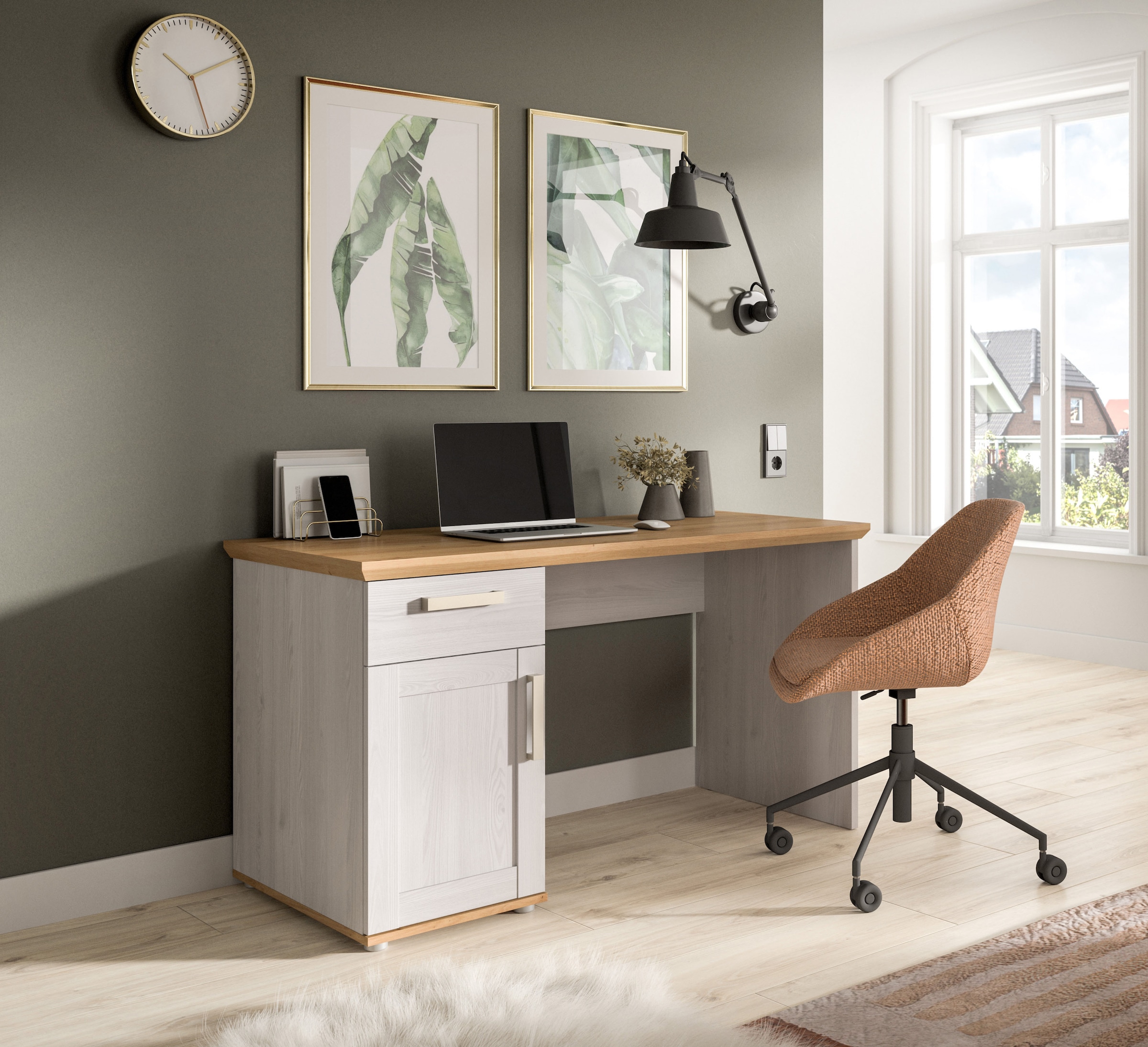 Home affaire Bureau »COSENZA, Breite 134 cm, 1 Tür, 1 Schubkasten, 2 Fächer« Style maison de campagne, combinable avec d'autres articles de la série,  Bureau, table d'ordinateur, table pour ordinateur portable, télétravail