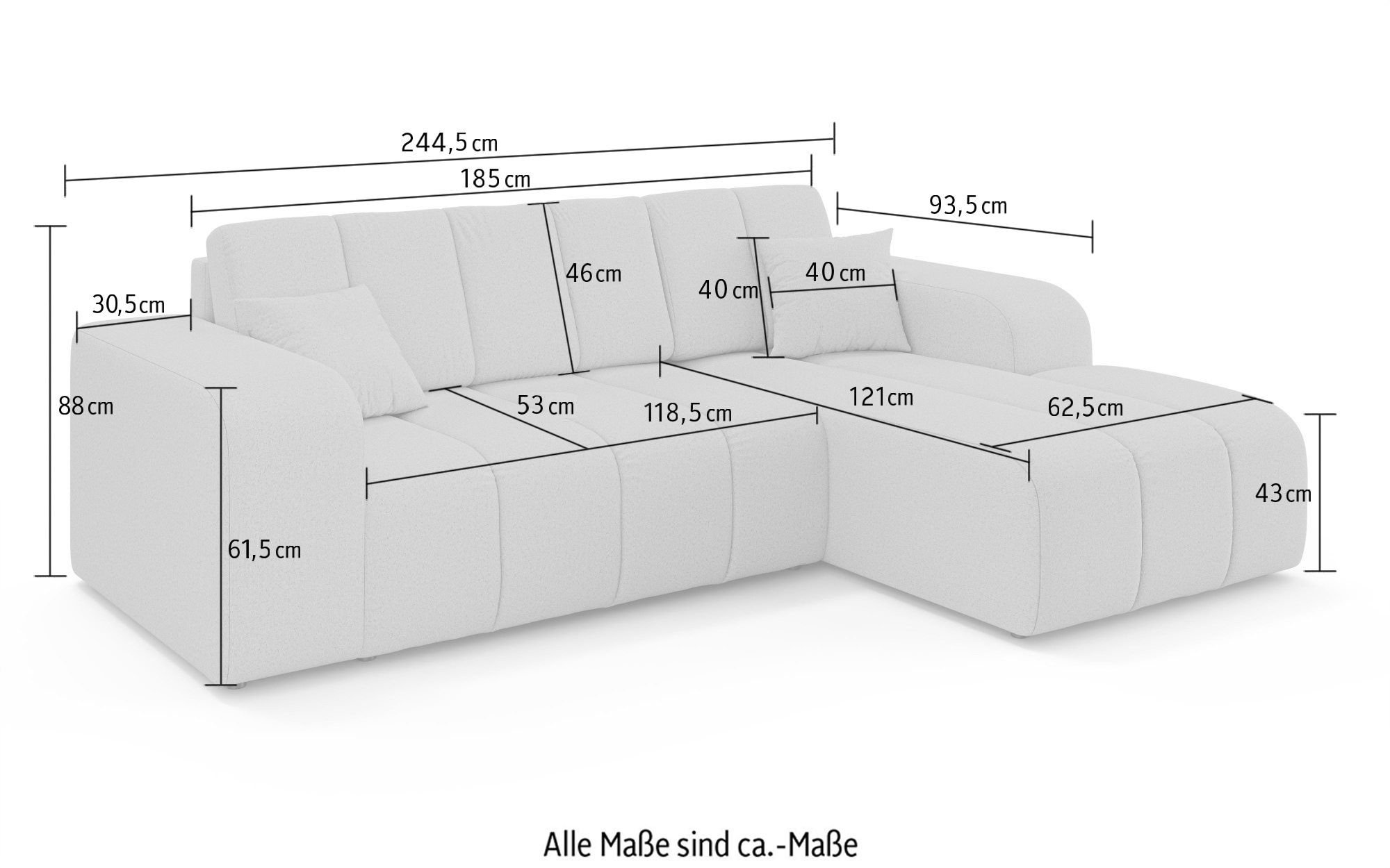 INOSIGN Ecksofa »CASSY L-Form, Schlafsofa mit Bettkasten, Masse B/T/H: 245/165/88 cm«, mit 2 Rückenkissen, Recamiere rechts oder links bestellbar