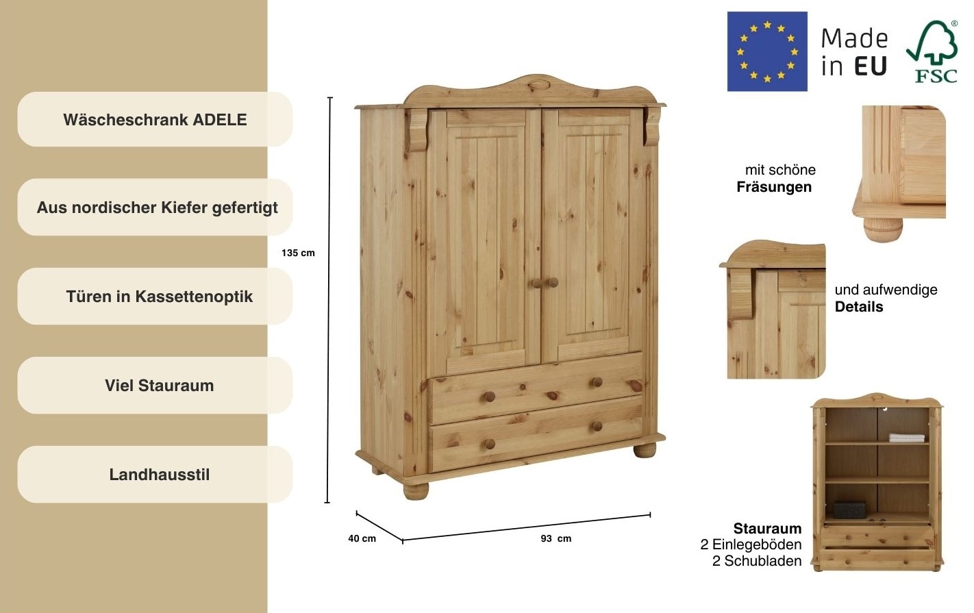 GOODproduct Wäscheschrank »Adele, Mehrzweckschrank« 2 Breiten: 93/130 cm H/T ca. 135/40 cm,  aus massiver Kiefer, 2-oder 3-türig