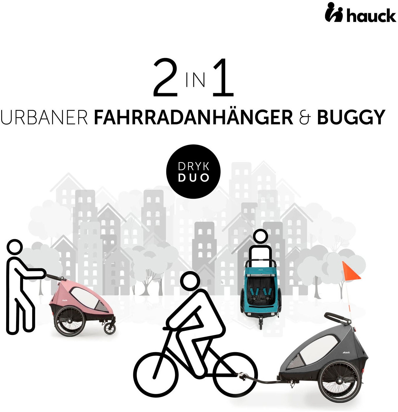 Hauck Fahrradkinderanhänger »Dryk Duo, Ocean Green« für 2 Kinder; inkl. Buggy-Rad