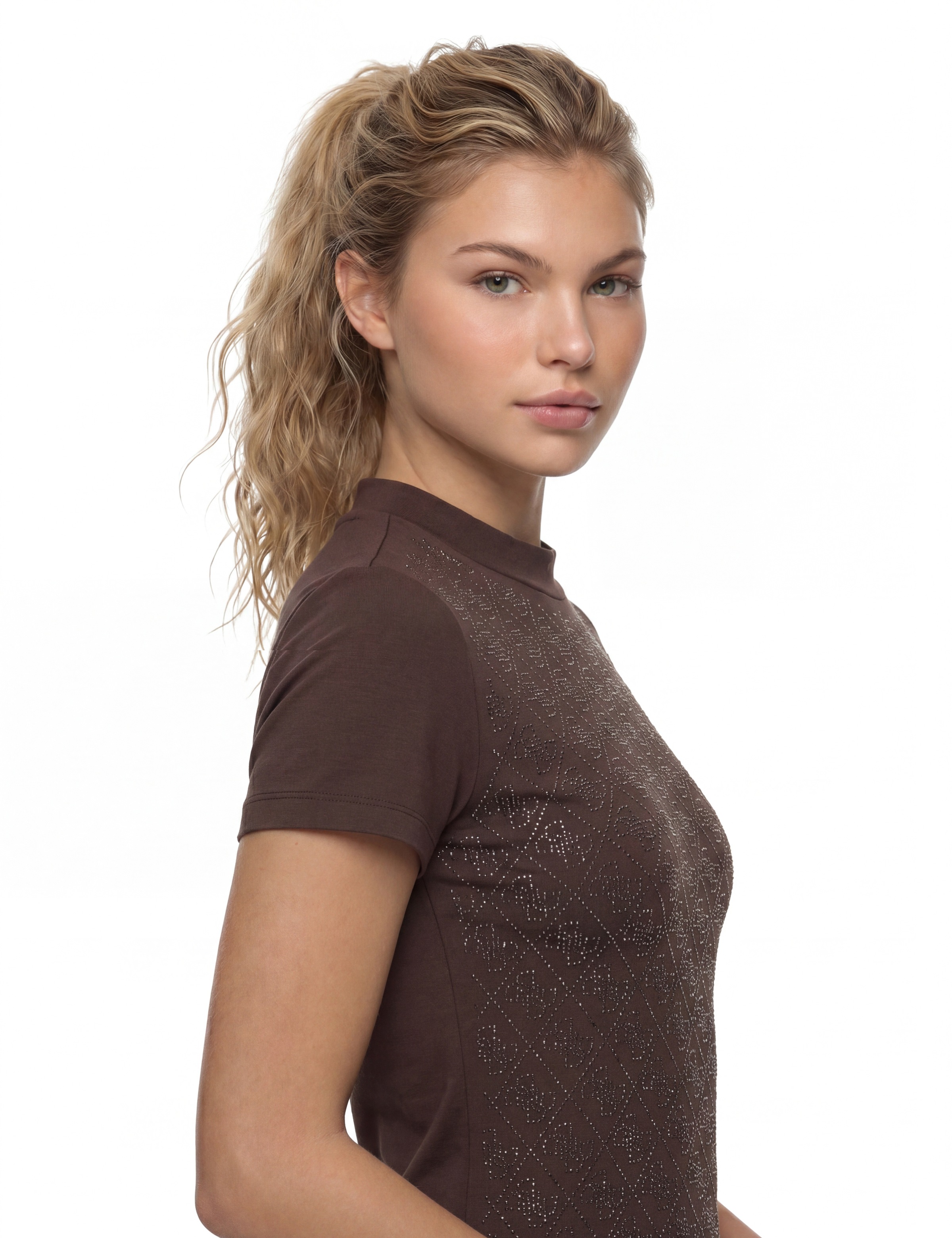 Guess T-Shirt »SS MOCK NECK ALL OVER 4G TEE« mit Strassbesatz, Slim Fit