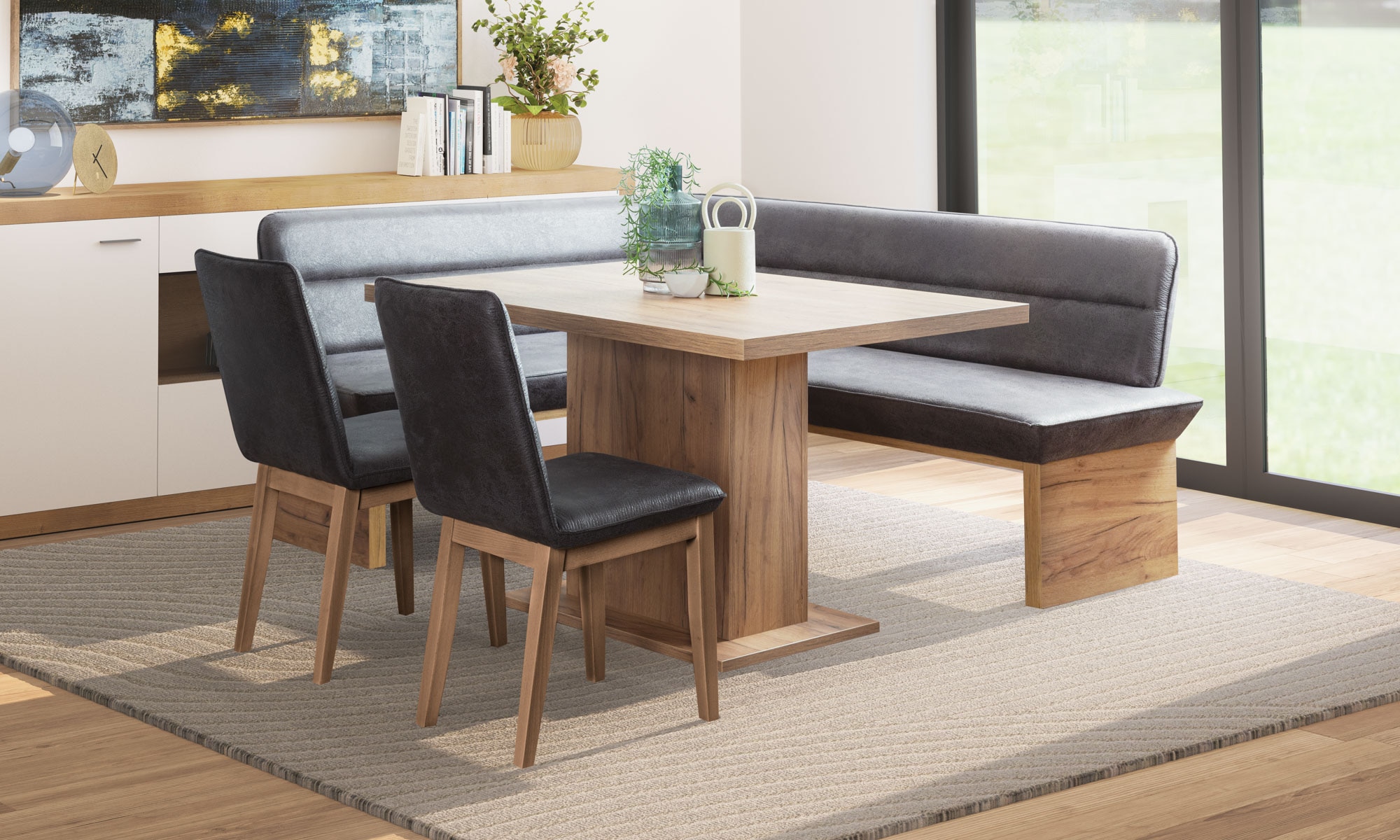 GOODproduct Eckbankgruppe »Beluna + Cross Essecke Sitzgruppe Eckbank Küchenbank« Set, Eckbank, 2 Stühle und Tisch, 4 tlg. Sitzgruppe Esszimmer Stühle Tisch und Bank bequem gepolstert
