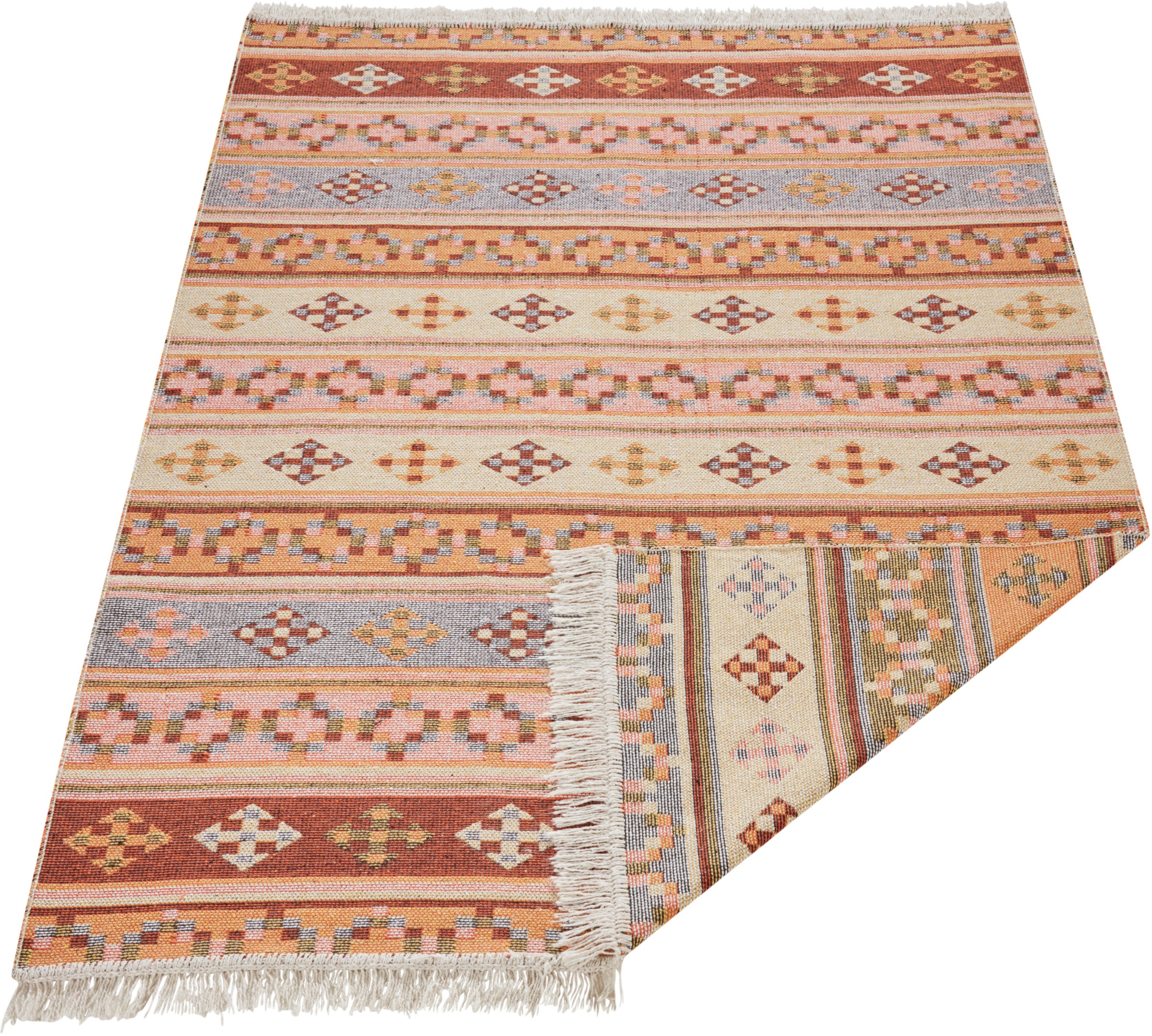 Image of HANSE Home Teppich »Kaveri«, rechteckig, 3 mm Höhe, Wendbar mit Fransen, Kelim Look, Boho, 100% recycelte Baumwolle, Faltbar, Wohnzimmer, Schlafzimmer, Robust, Pflegeleicht bei Ackermann Versand Schweiz