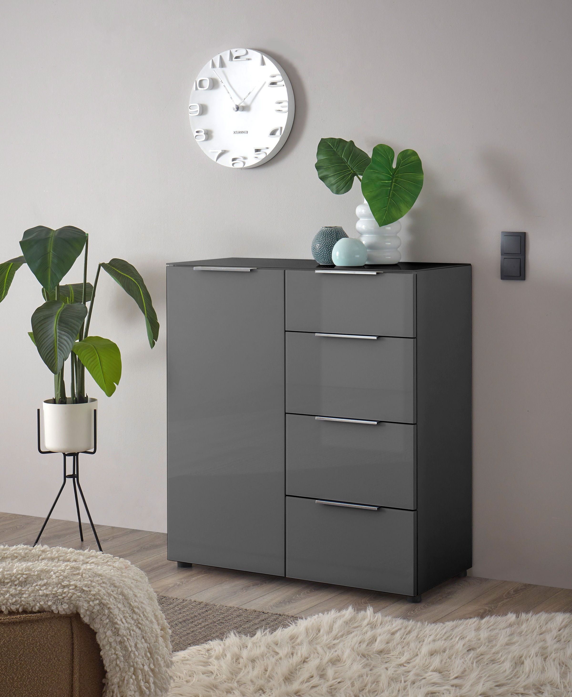 Image of HBZ Sideboard "Santorin Mehrzweckschrank-Universalschrank, BxHxT 90x99x40 cm" 1 Stk. tlg. Mit 1 Tür und 4 Schubkästen mit Softclose, Glasfront und Glasoberboden