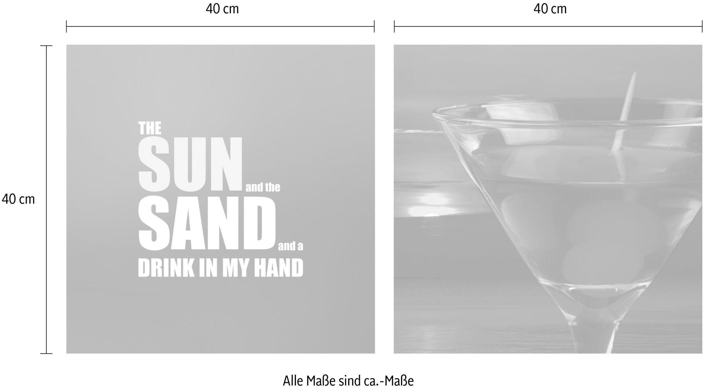 queence Tableau sur toile »Sun, Sand & Drink« Set,  Premium-Leinwandstoff, Handarbeit aus Deutschland, Spruch, 2er Set