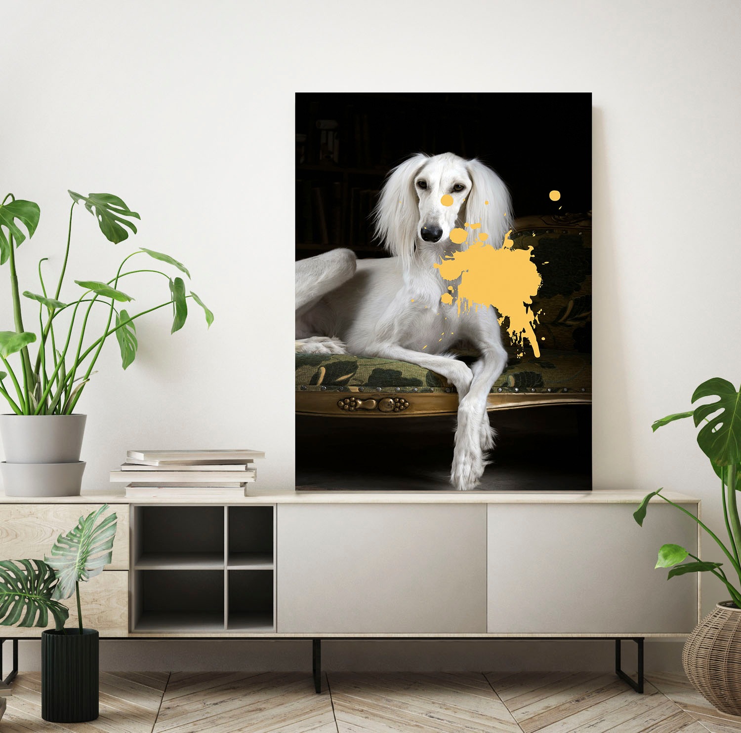 queence Tableau en verre acrylique »Hund mit Farbklecks« Fine Art-Print in Galeriequalität