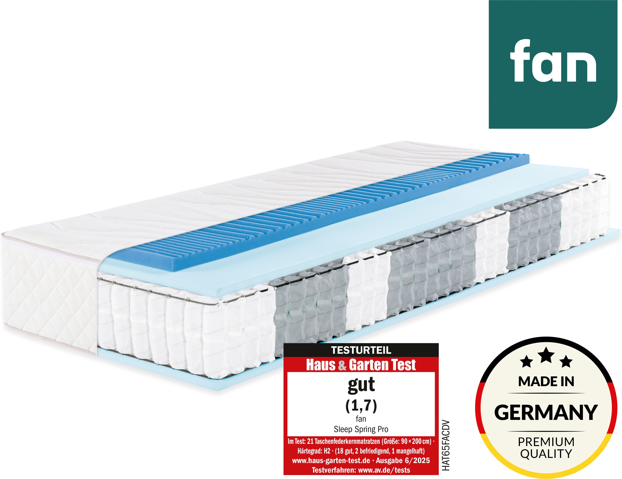 Image of fan Taschenfederkernmatratze "Sleep Spring Pro, Boxspringmatratze m. Thermogelauflage, 90x200 & mehr" 33 cm hoch 1-tlg., 1 Stk. tlg. Haus & Garten Test "GUT", getestet in Gr. 90x200, H2