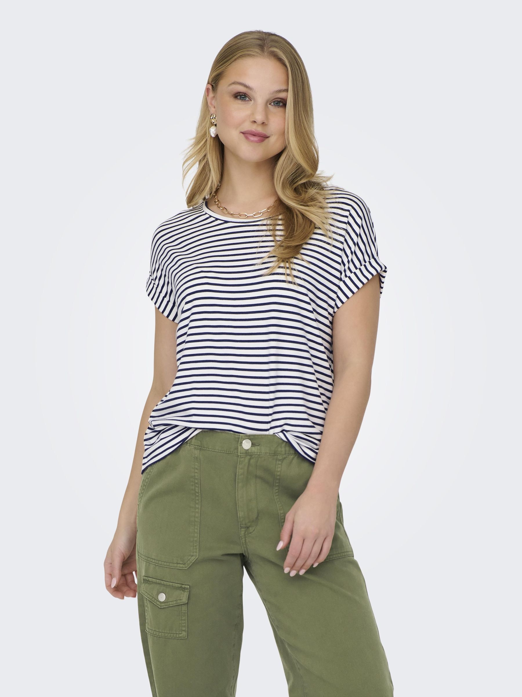 Image of ONLY Kurzarmshirt "ONLMOSTER STRIPE S/S O-NECK TOP JRS NOOS" gestreift, lässig geschnitten, Jersey, Rundhals, Viskosemischung