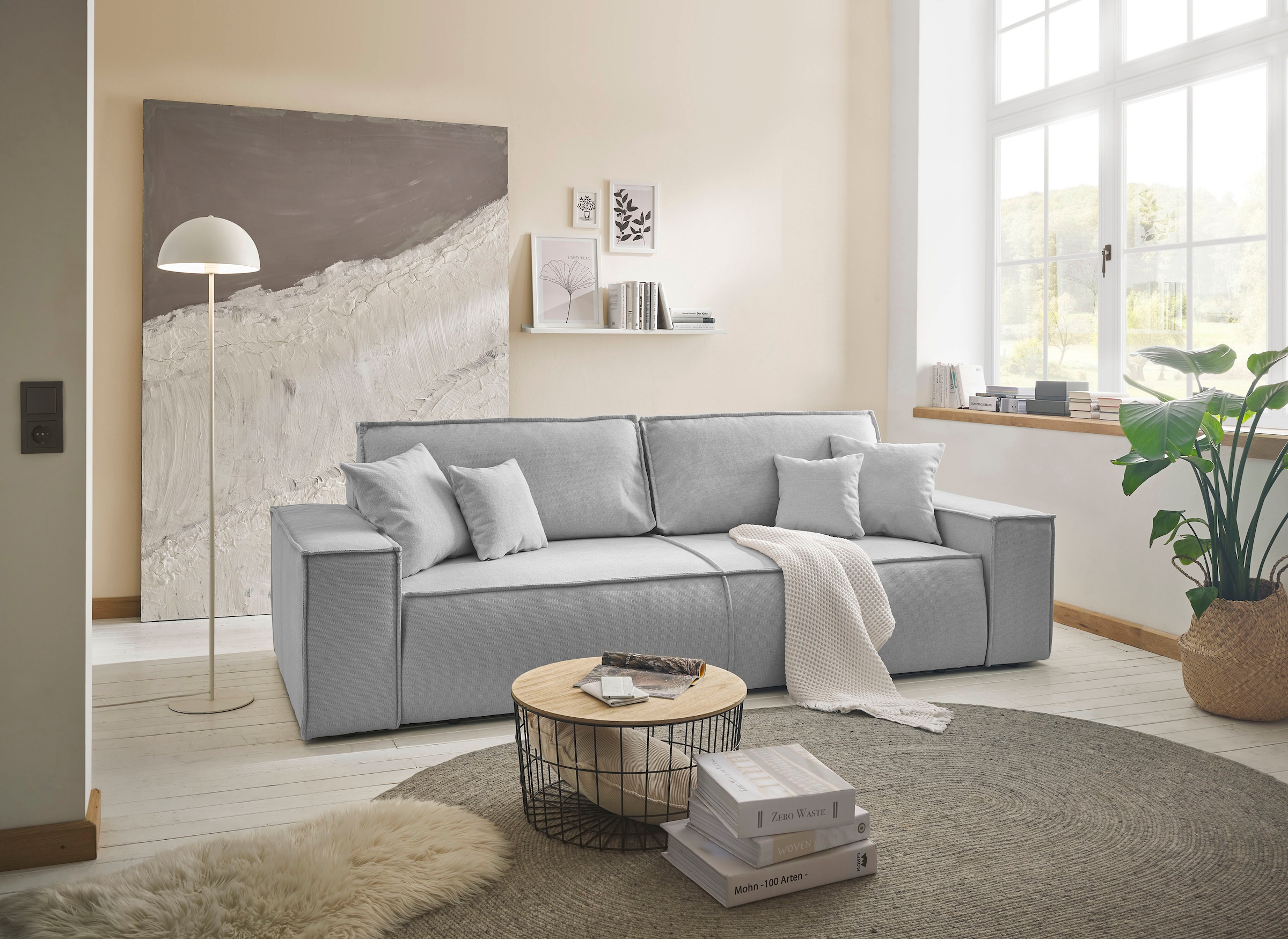 andas 3-Sitzer »FINNLEY Schlafsofa 257 cm, Schlaffunktion mit Bettkasten (200/136cm),«, in Aqua Clean-Bouclé u. Struktur fein