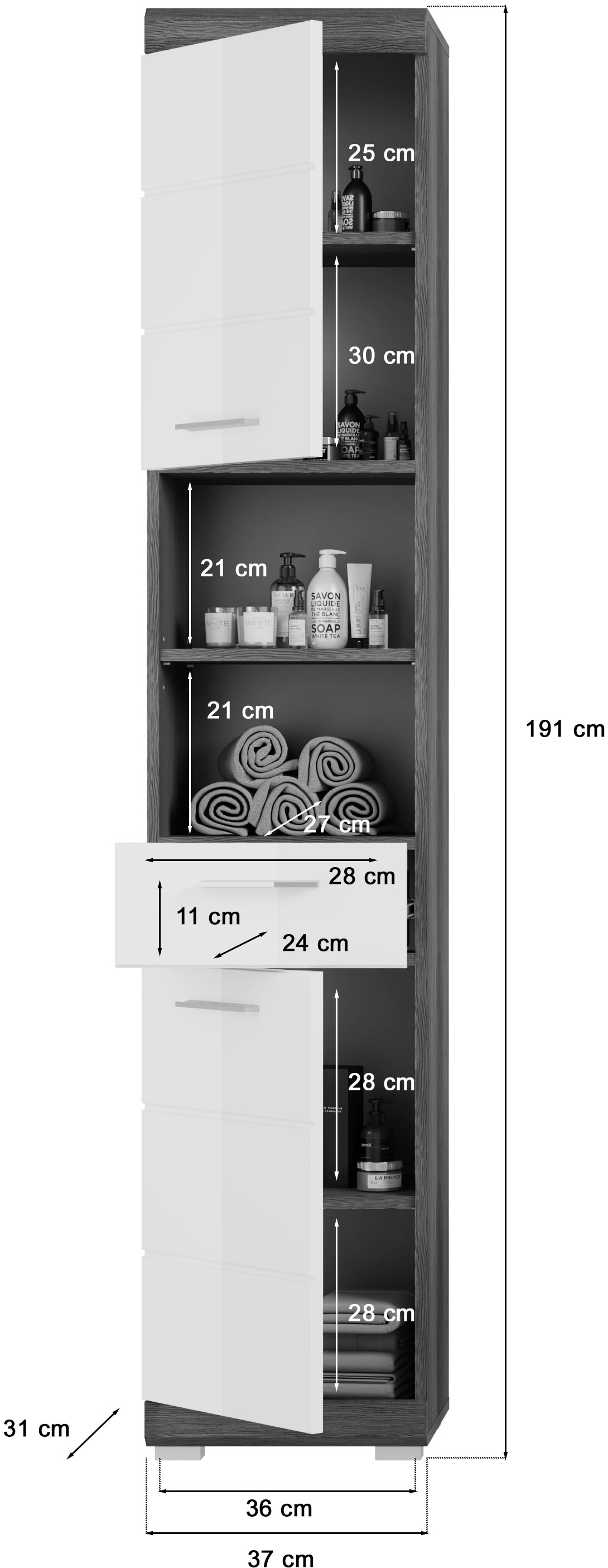welltime Armoire haute »SIENA, Breite 37cm, 2 Tür, 1 Schubkasten, 2 offene Fächer, MDF-Front« TOPSELLER!, 1 cuis tlg. in verschiedenen Farben erhältlich, Badmöbel, Badschrank, Schrank, Bad