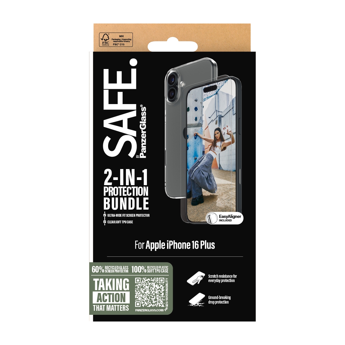 SAFE by PanzerGlass Displayschutzglas »2-in-1 Protection Bundle, Glass, Soft TPU Case«, für Apple iPhone 16 Plus, Displayschutzfolie, Schutzfolie, Bildschirmschutz, kratz- & stossfest