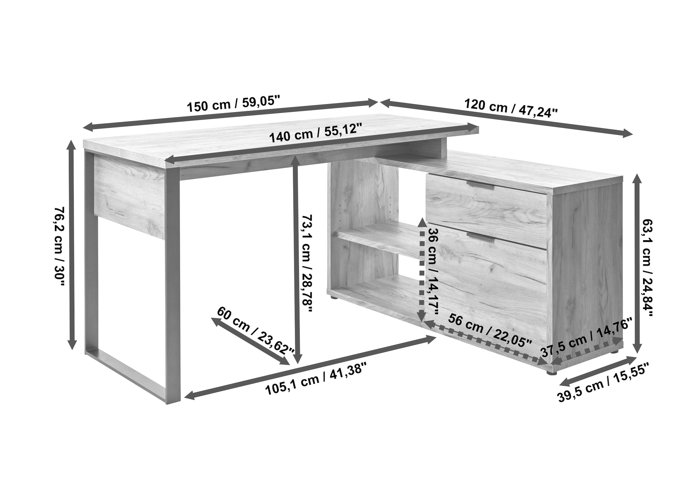 Jahnke Bureau d'angle »LOOP C 150 E« 1 cuis tlg. bureau d'angle, montage réversible, beaucoup de rangement