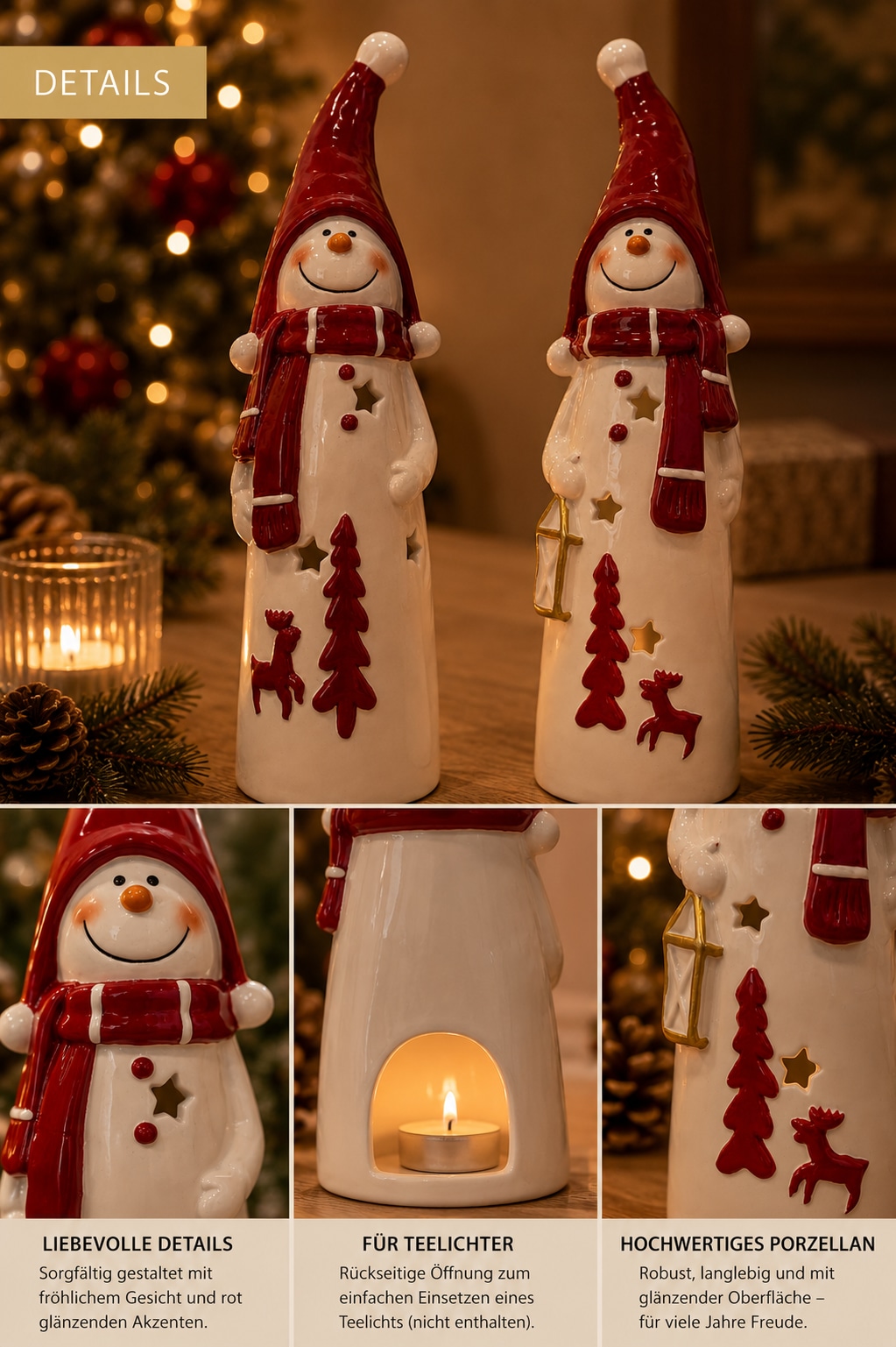 GOODproduct Teelichthalter »Deko Weihnachten Eeske, aus Porzellan detailreich bemalt« Schneemänner klassisch rot-weiss, jeweils ca.31cm hoch