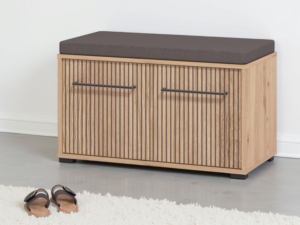 Image of INOSIGN Schuhbank "Landes, Schuhschrank mit Sitzkissen, innen 2 Fächer, Schuhregal" Breite 80 cm, Artisan Eiche, Front mit schwarzen Streifen