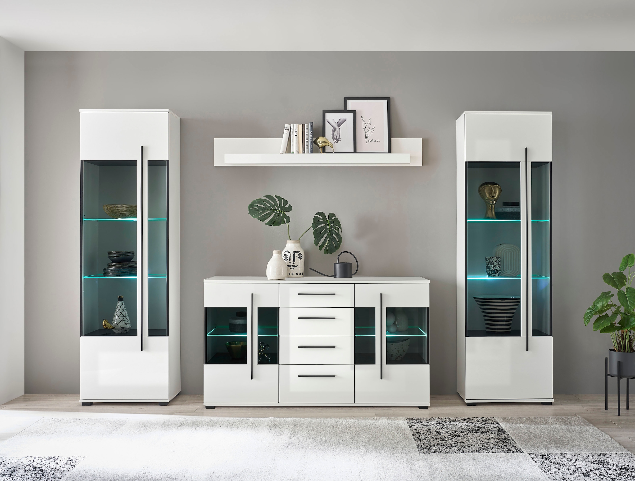 INOSIGN Wohnwand »Cantara, moderne Anbauwand, Wohnzimmer-Set, in Eiche Evoke oder Weiss«, (Set), enthält zwei Vitrinen, ein Sideboard und ein Wandboard