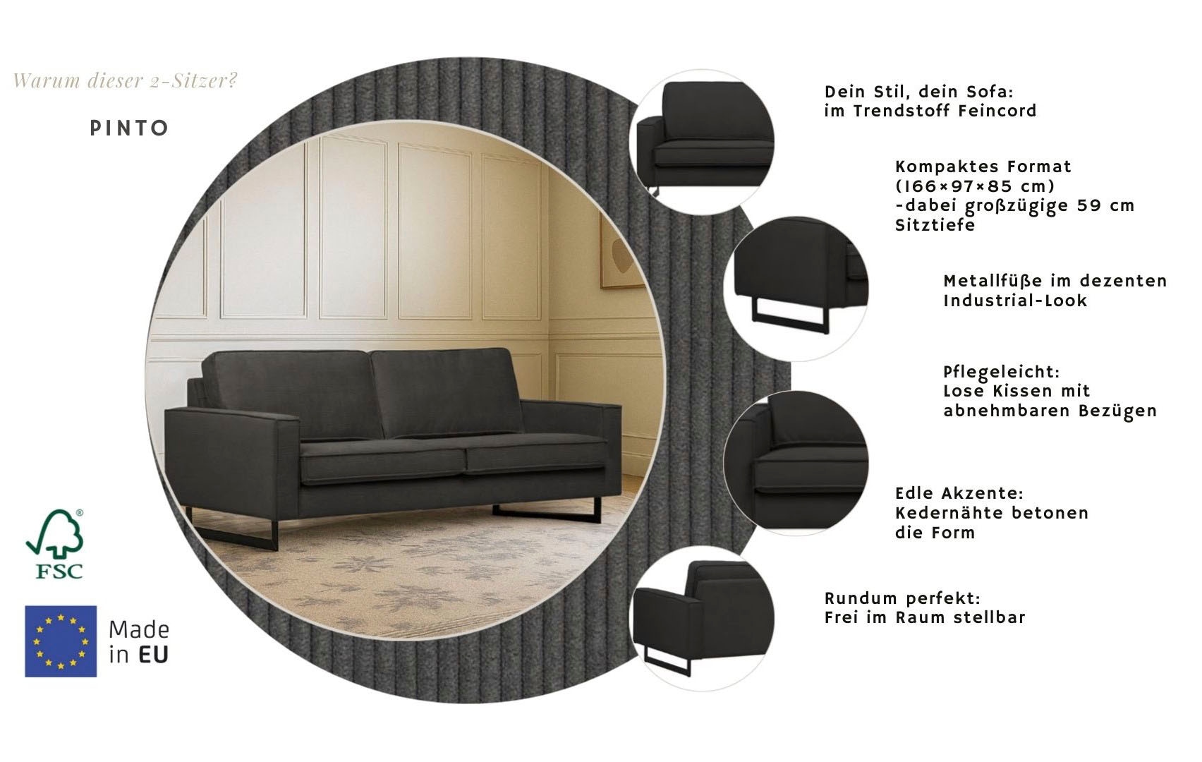 Home affaire 2-places »Pinto, 166 cm, Cord, Chenille, Lederoptik« mit Keder, schwarze Metallfüsse, Wellenunterfederung