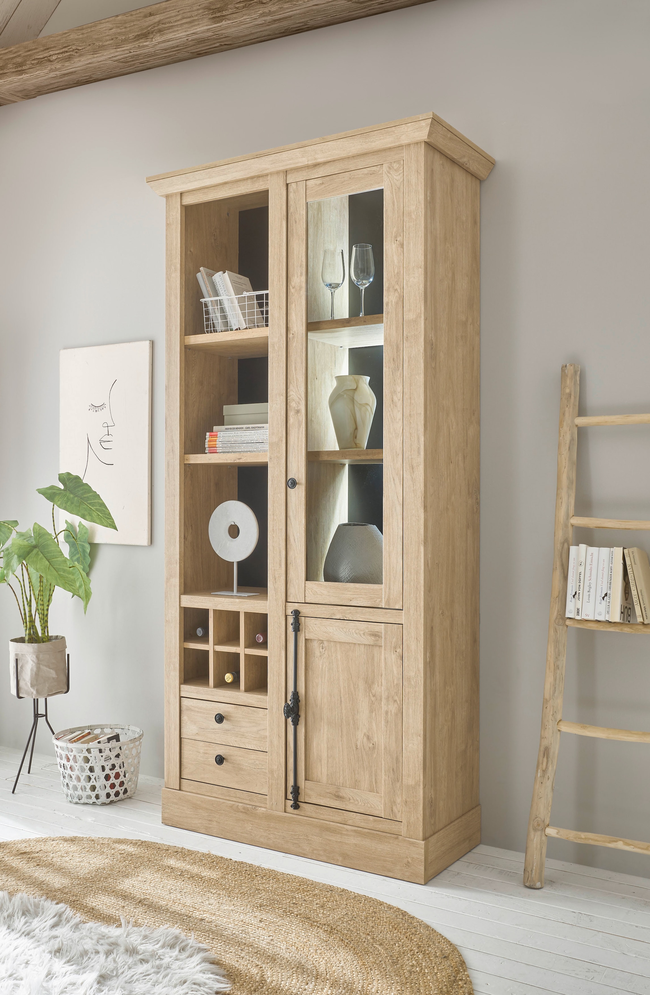 Image of Home affaire Vitrine "Cornwall, Hochschrank im Landhausstil, Glasvitrine, Eiche Dekor" 1 Stk. tlg. Metallgriffe, 105 cm breit, viel Stauraum, in zwei Grössen verfügbar