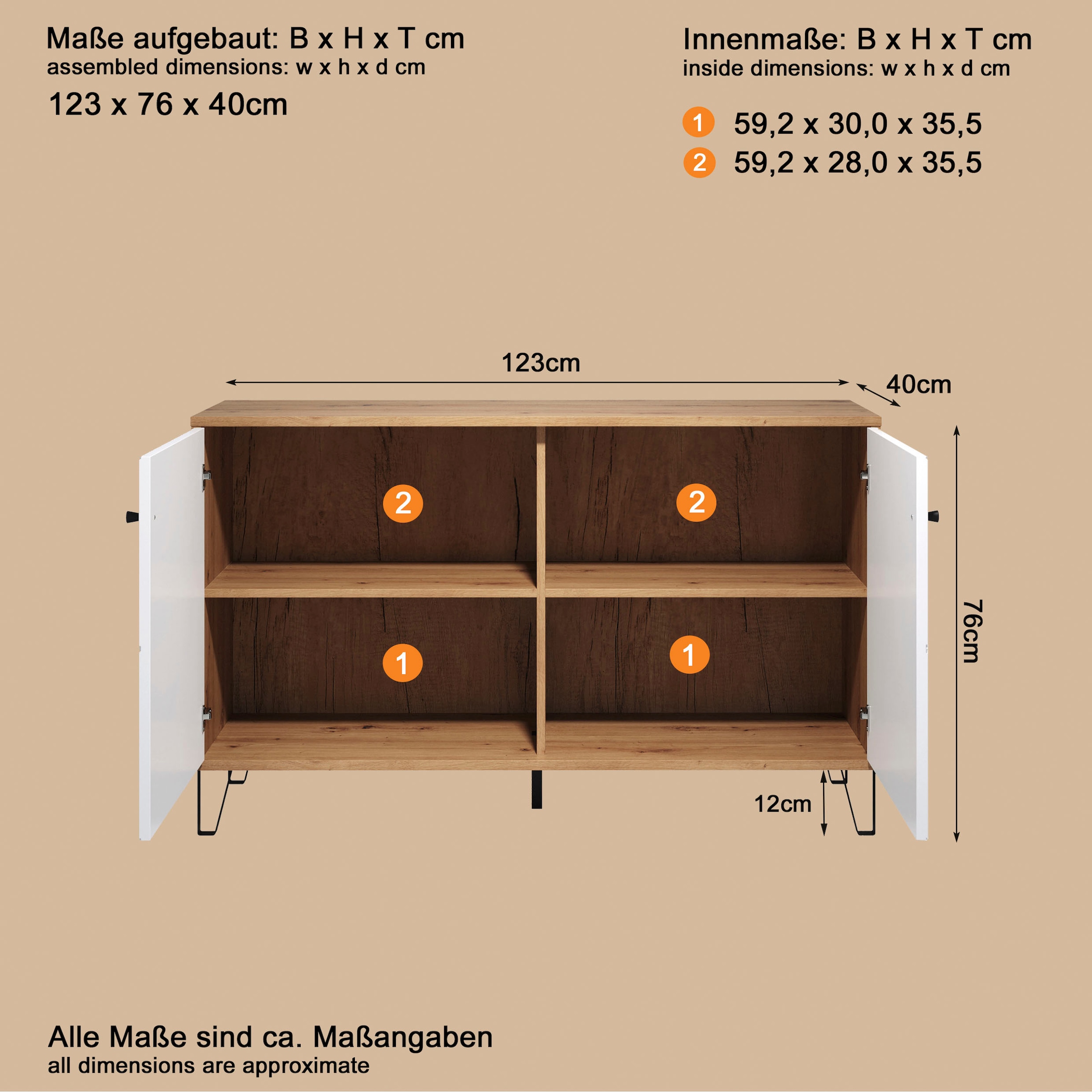 PLACES OF STYLE Sideboard »Tarragona« Sideboard mit 2 Türen & Soft-Close - (B/T/H) 123/40/76 cm
